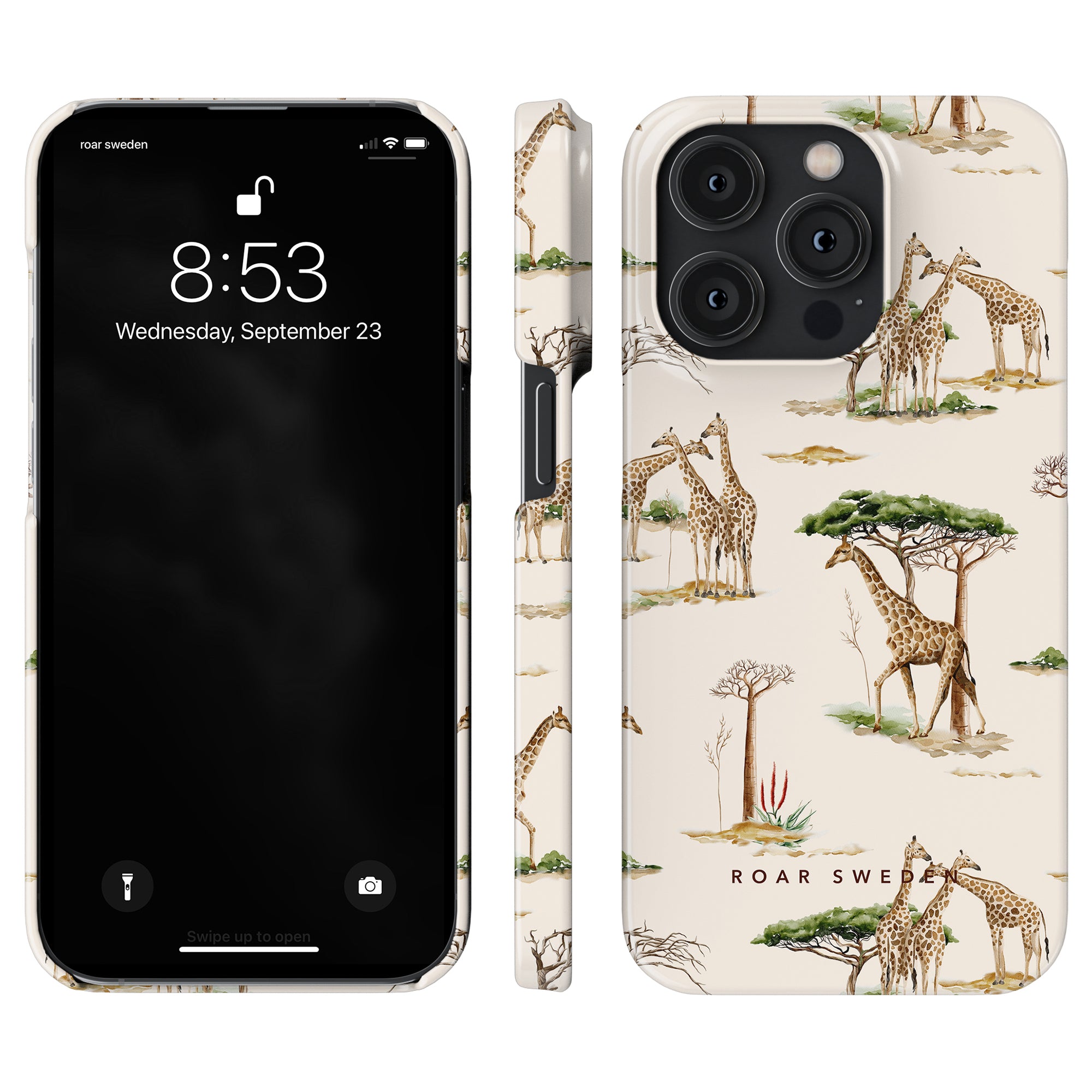 IPhone with time displayed at 8:53, date Wednesday, September 23, in a phone case featuring illustrations of giraffes and trees. The "Giraffa - Slim case" from the Safari Collection offers both style and skydd mot repor och stötar.