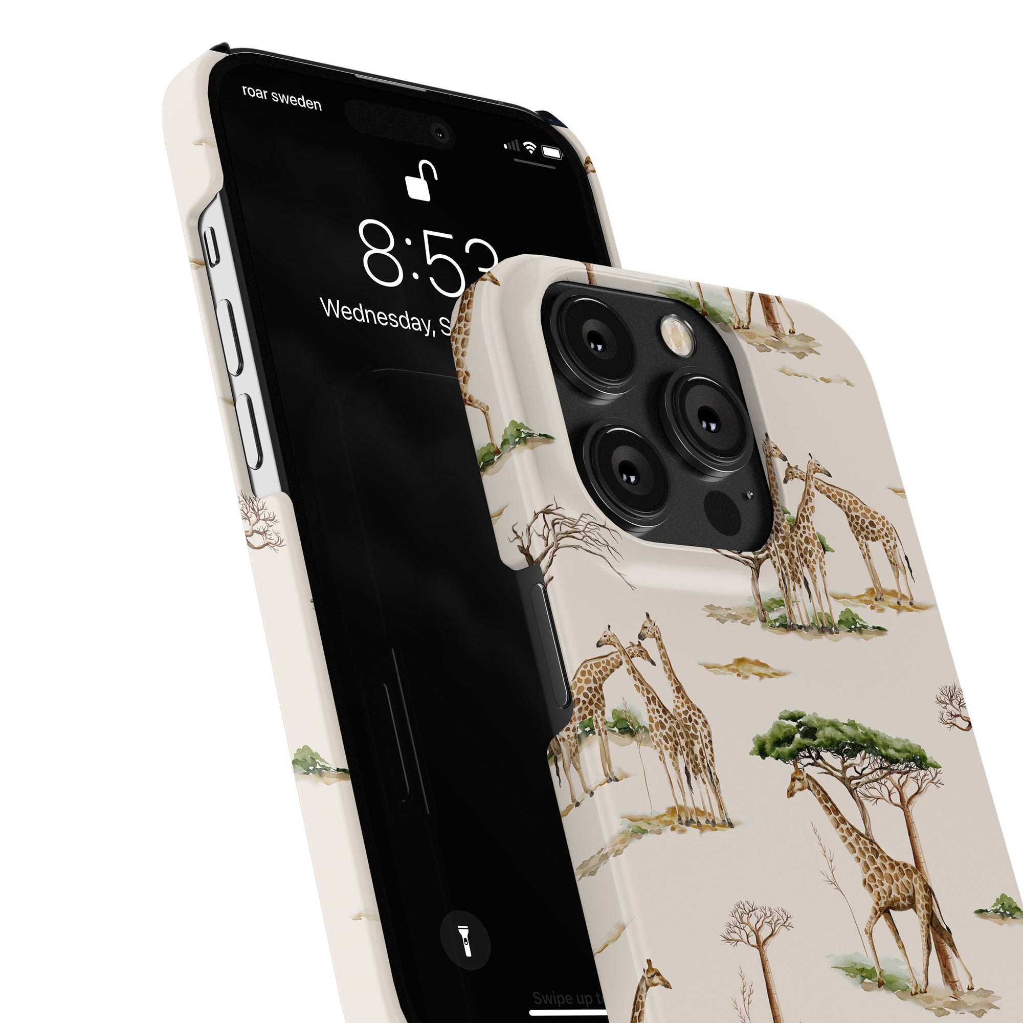 A smartphone with a Giraffa - Slim Case from the Safari Collection, showcasing a giraffe-patterned design and displaying the time 8:53 on Wednesday, September 6. This case not only looks stylish but also offers skydd mot repor och stötar.
