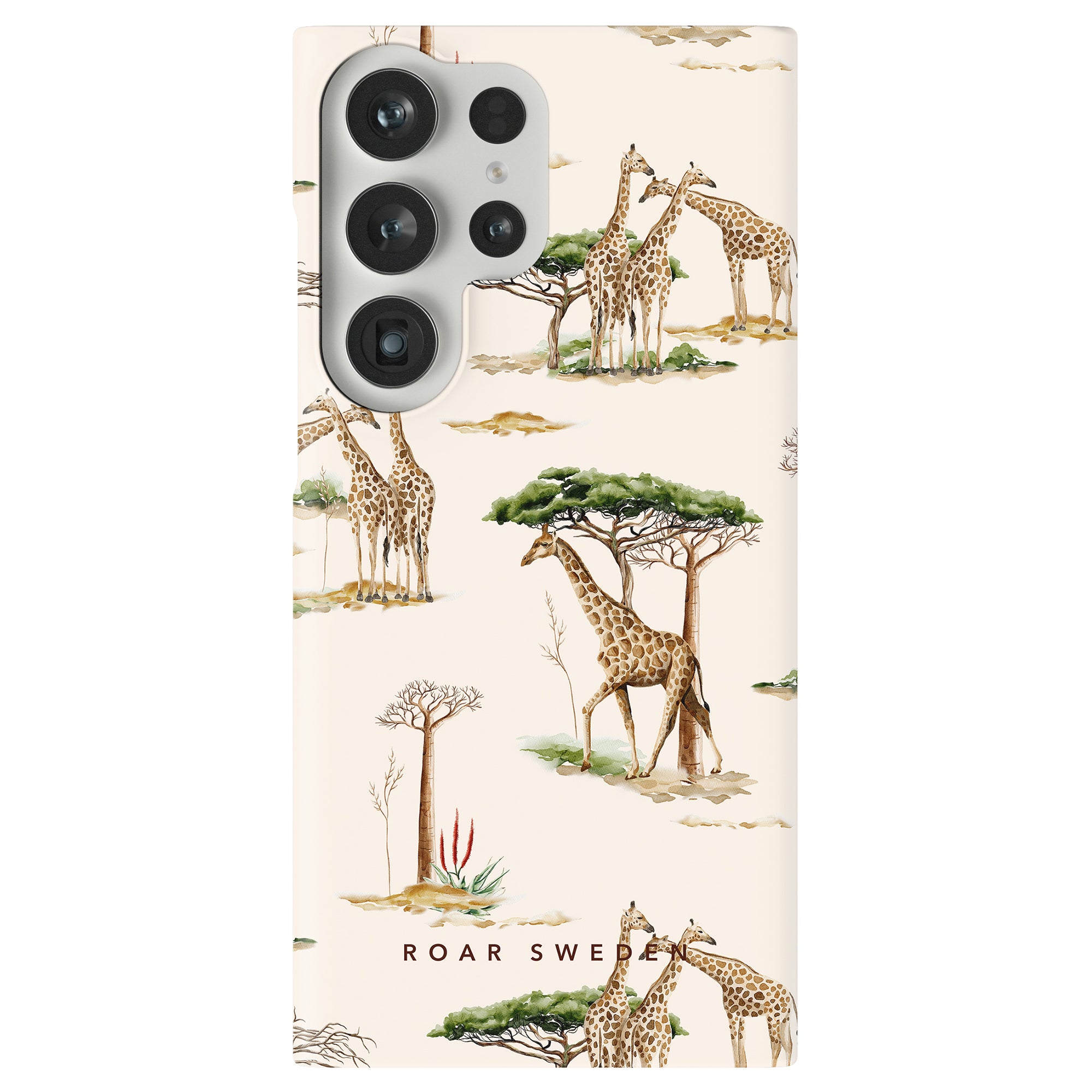 A phone case from the Safari Collection featuring an illustration of multiple giraffes standing and grazing among trees, with the text "ROAR SWEDEN" at the bottom. The Giraffa - Slim case offers excellent skydd mot repor och stötar.