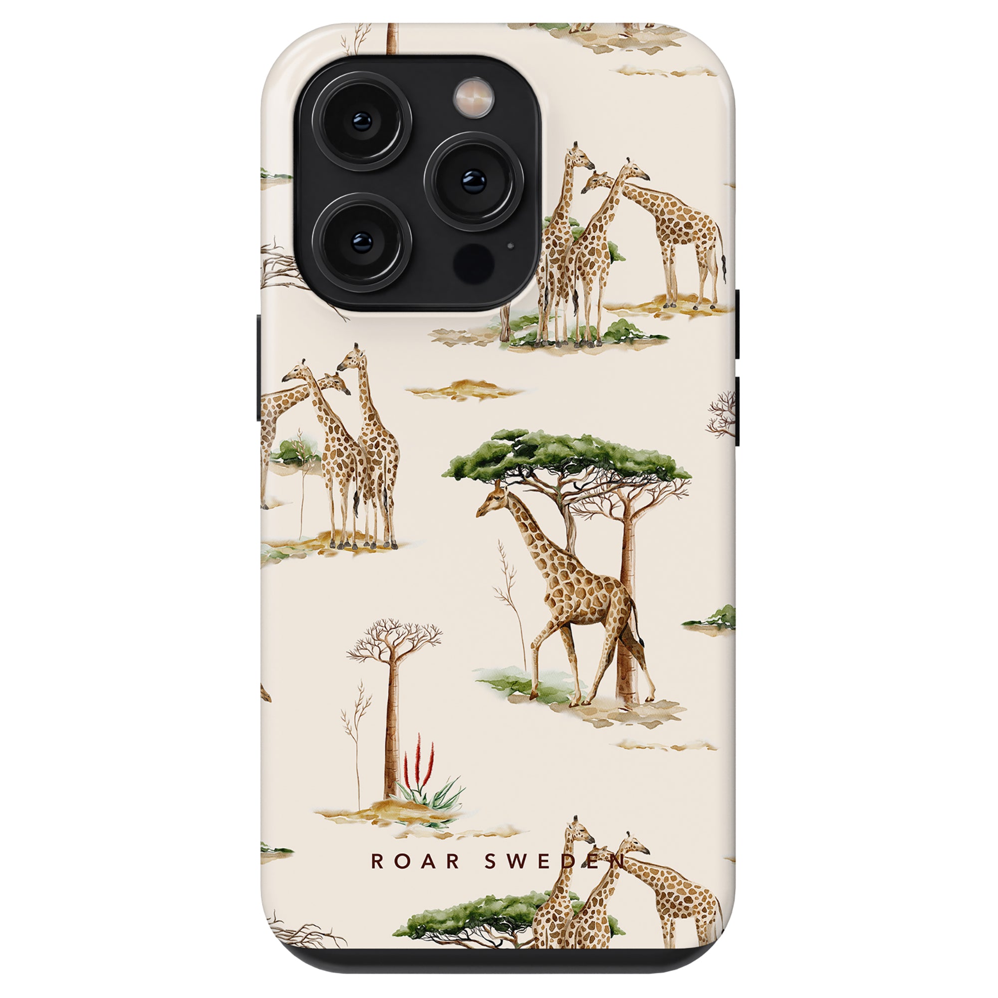 This stylish smartphone case, part of our Safari Collection, showcases an illustration of multiple giraffes and trees on a beige background. The words "ROAR SWEET" are subtly printed at the bottom, making it both functional and fashionable—a perfect Giraffa - Tough Case for your mobile needs.