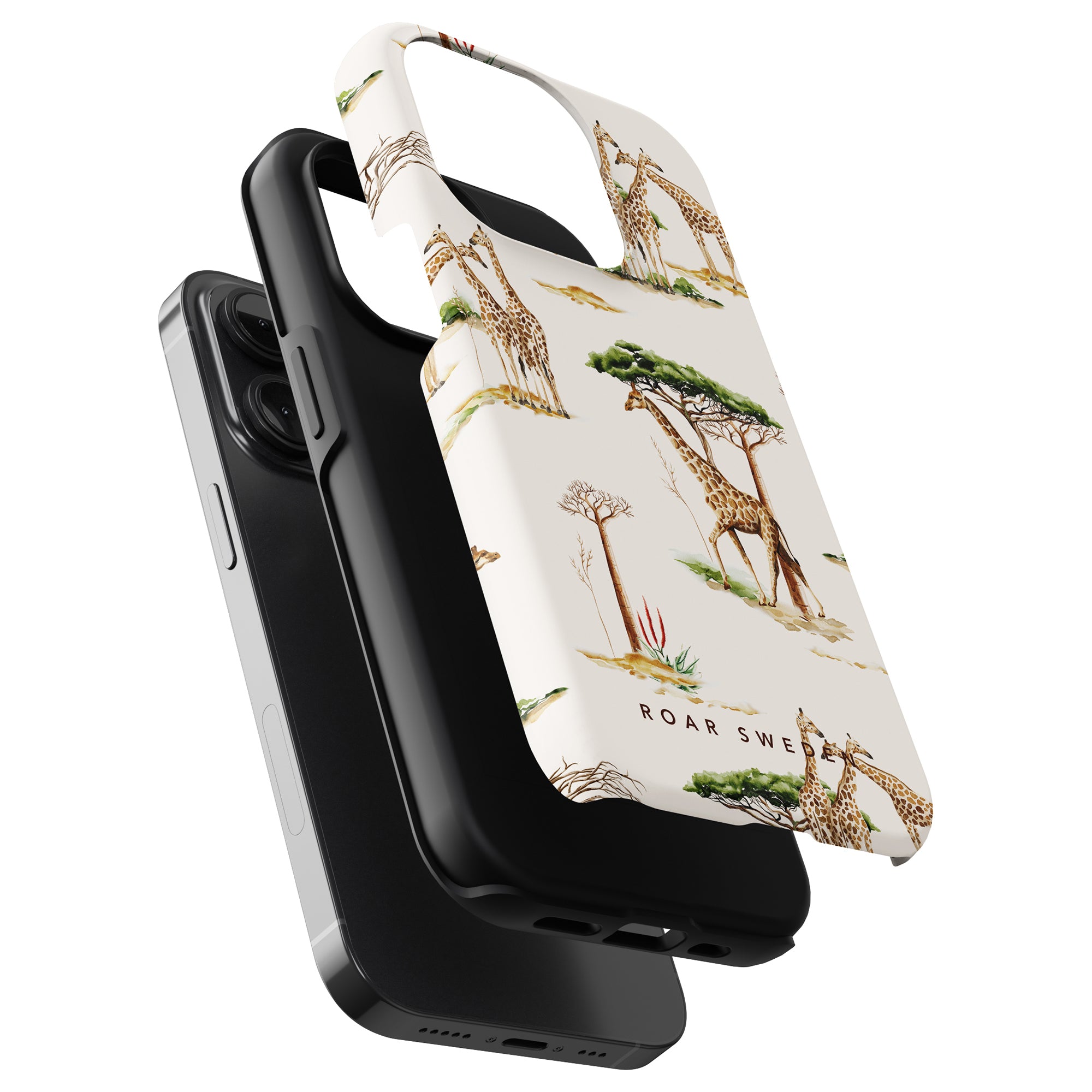 Three smartphone cases are stacked, one with a giraffe pattern from the Safari Collection, one solid black, and the other solid gray. The patterned case shows giraffes next to acacia trees with "ROAR SWE" written on it. Perfect Giraffa - Tough Case for those who love a wild touch in their accessories.