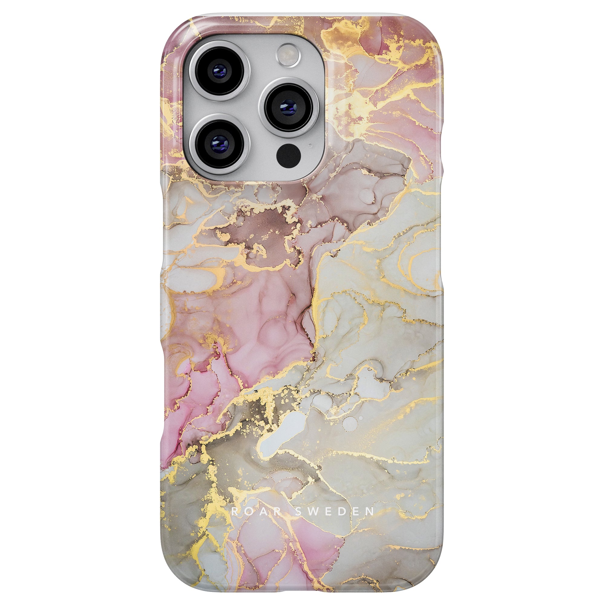 Glitter - Slim case featuring a pink, gray, and gold marbled pattern inspired by marmorinspirerade mönster, designed for phones with three camera lenses.