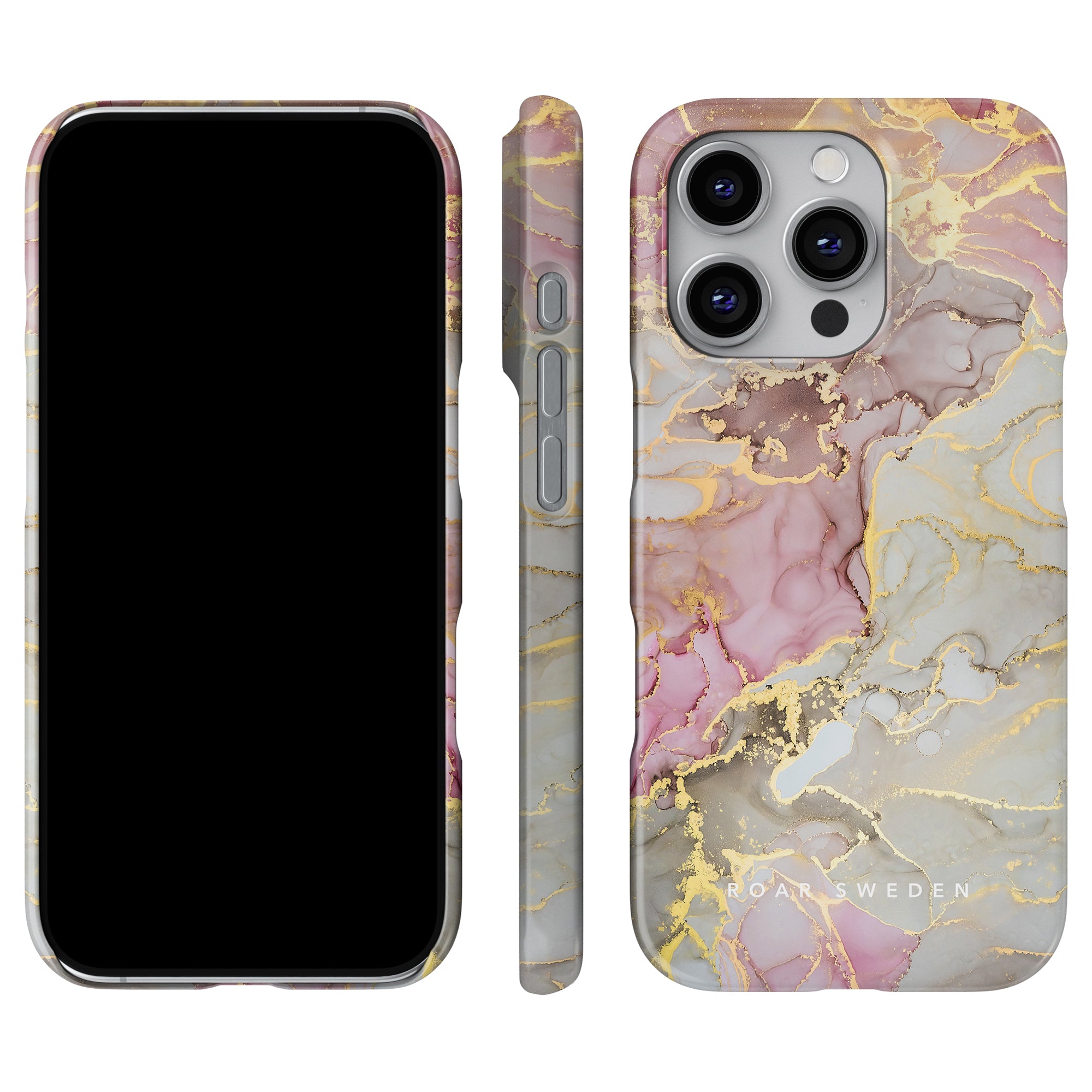 A smartphone displaying front, side, and back views of the Glitter - Slim case featuring a luxurious design in pink, gray, and gold marbled patterns.