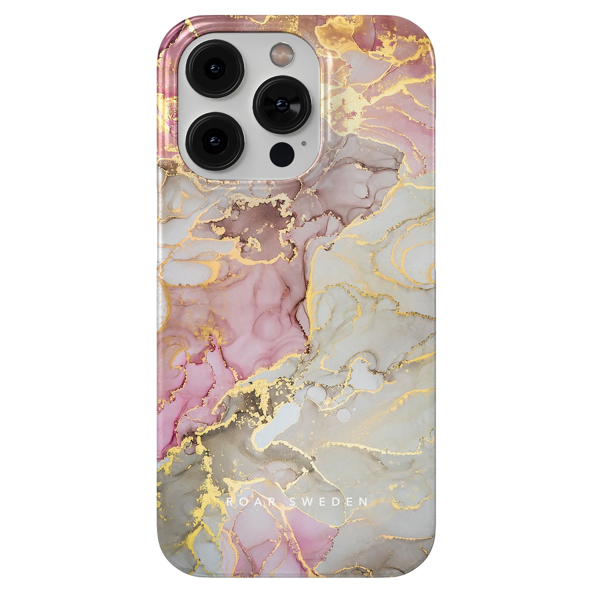 Introducing the Glitter - Slim case, a smartphone cover featuring a marble-inspired pattern in pink, gray, and gold tones. It includes prominent camera cutouts and subtle branding at the bottom.