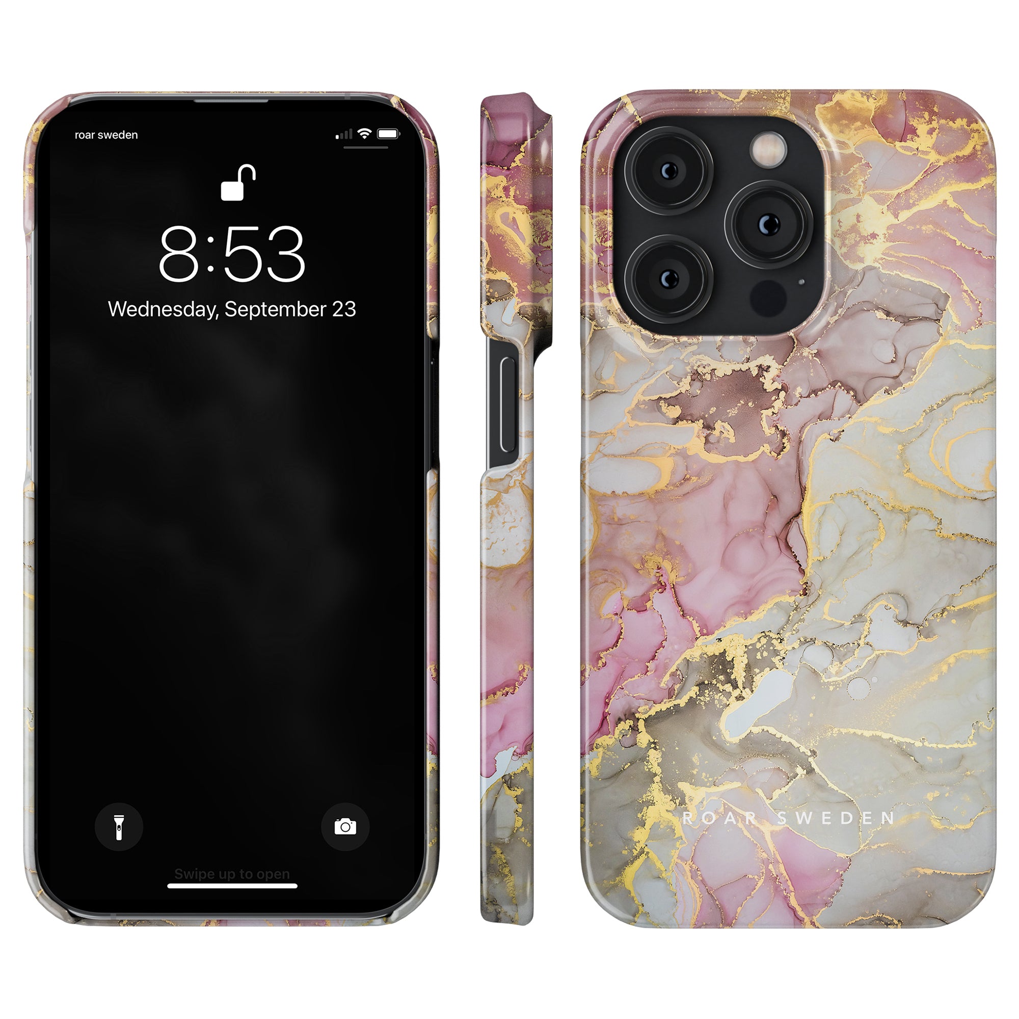 The Glitter - Slim case, featuring a luxurious design with a pink, gray, and gold marble pattern, is showcased from the front, side, and back on a smartphone. The screen displays the date and time: Wednesday, September 23, 8:53.