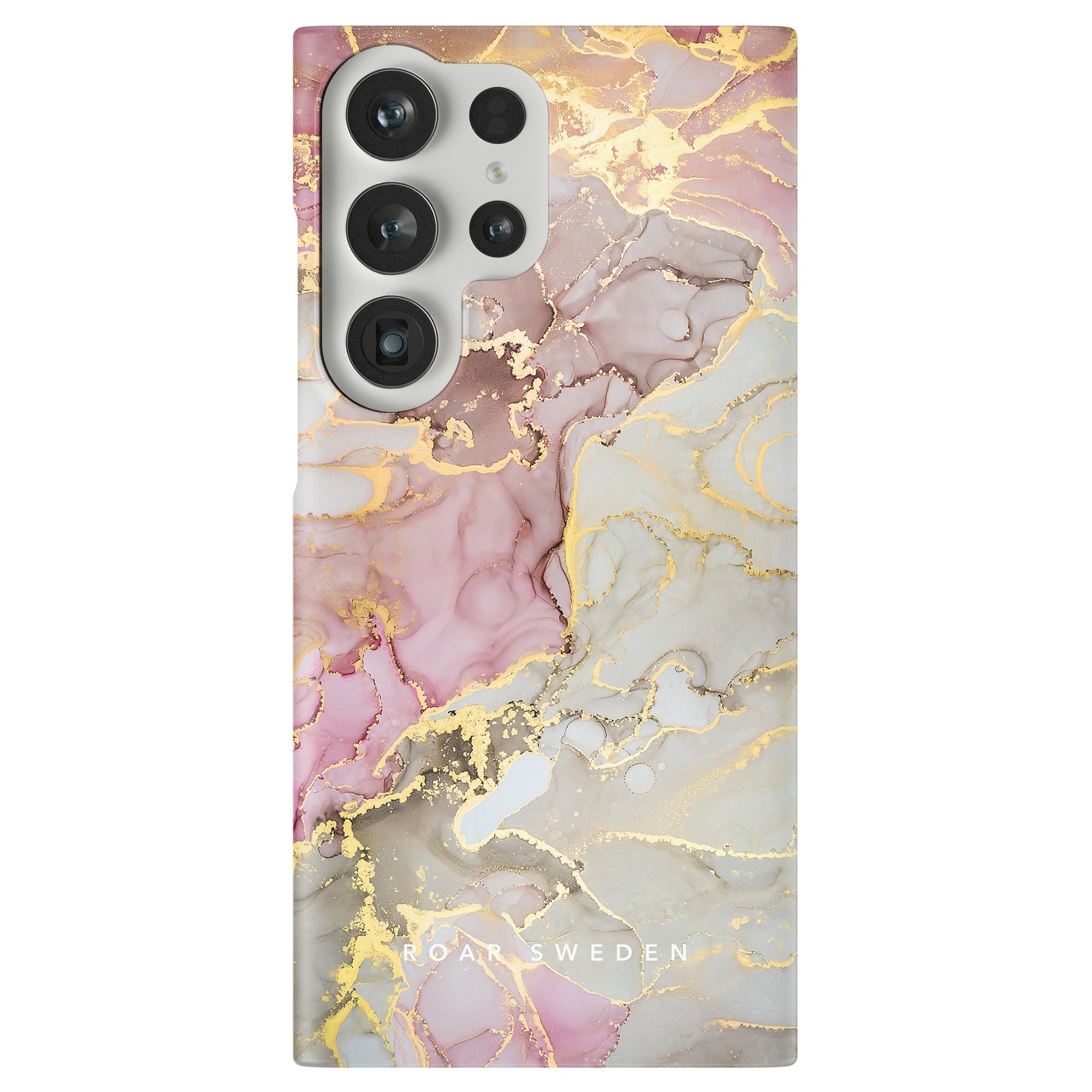 A smartphone with a case called "Glitter - Slim case," showcasing a pink and gray marble design with gold accents, offers practical protection and is branded "Ideal of Sweden.