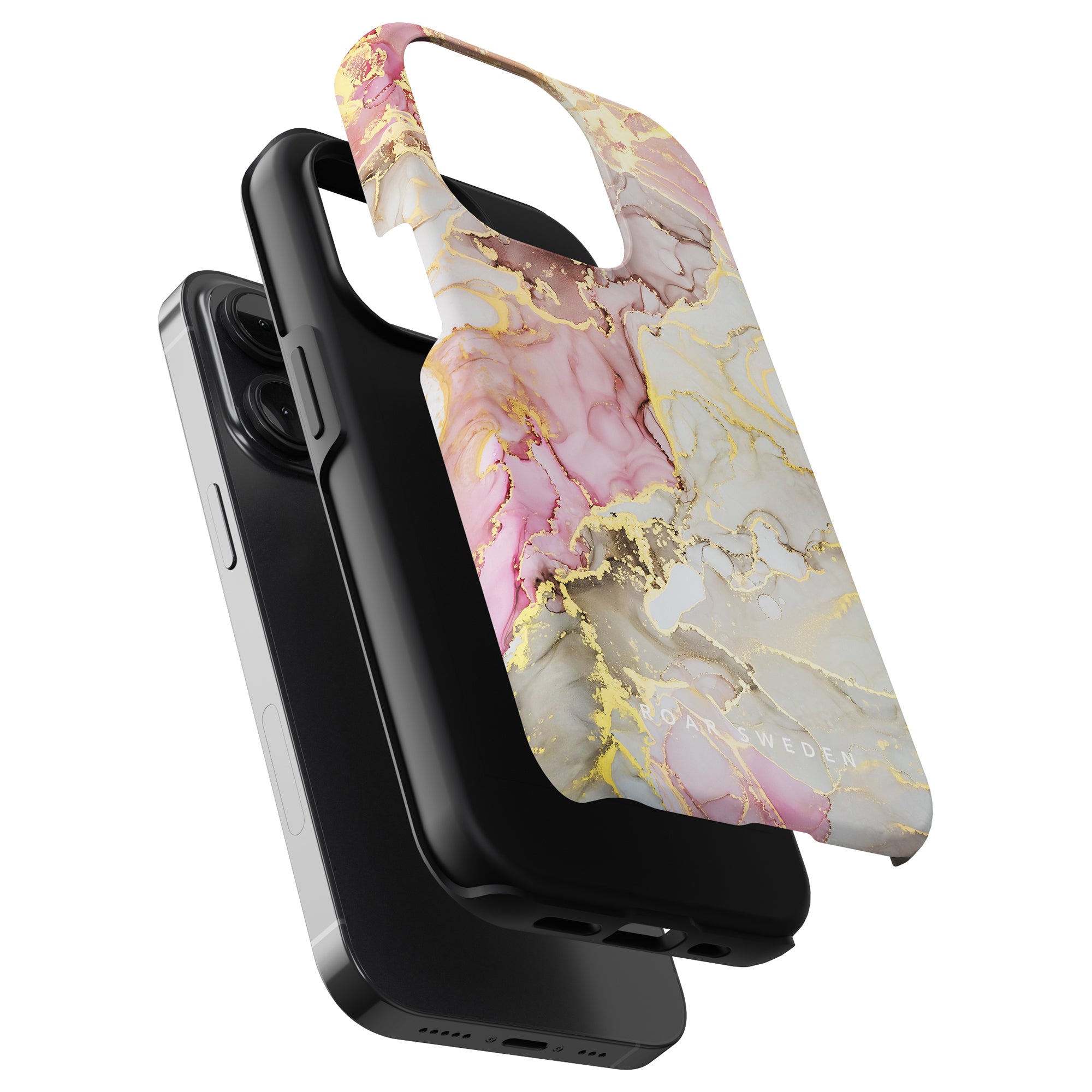 Three smartphone cases: two plain black, exuding tidlös elegans, and one Glitter - Tough case with a pink and gold marble design.