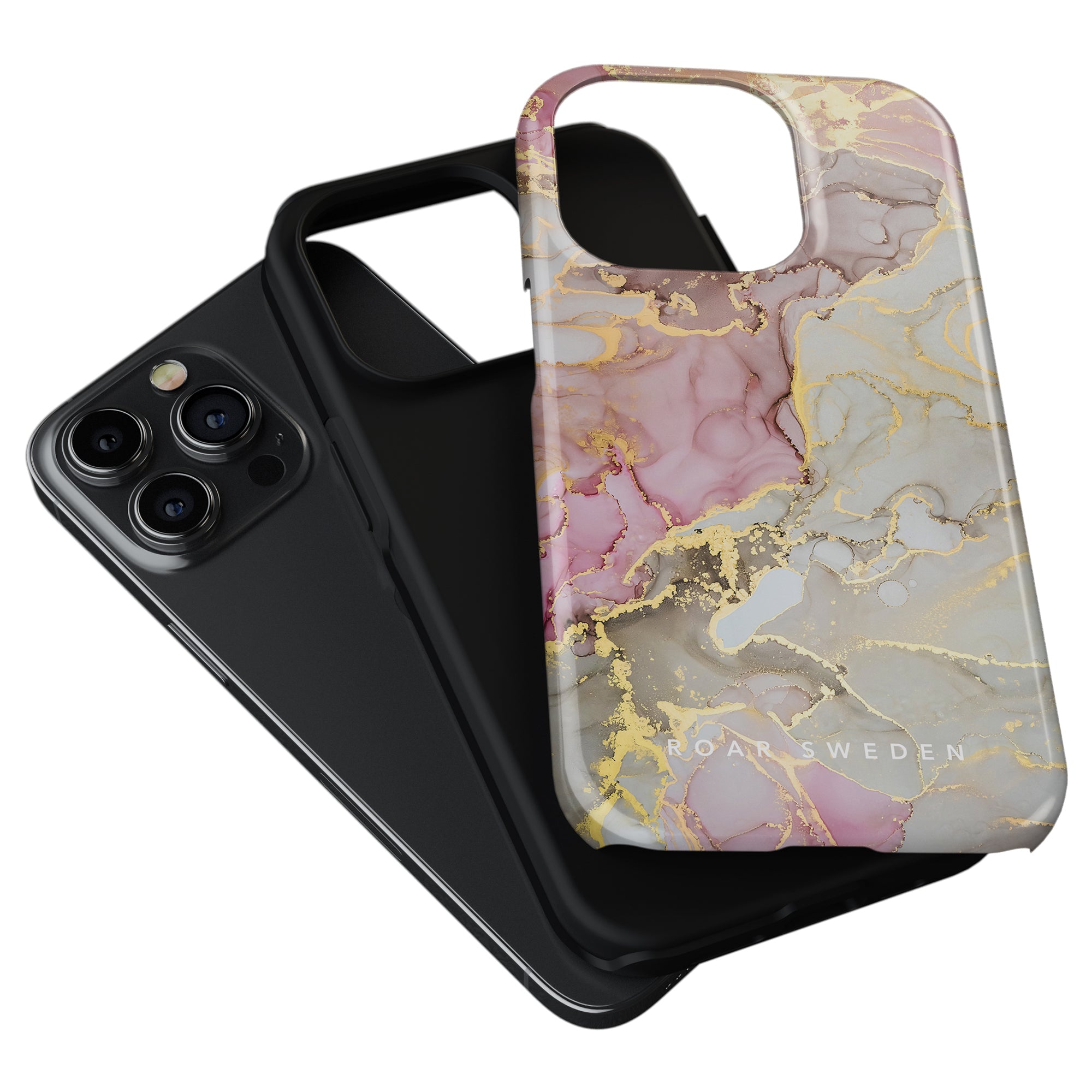 Displayed are two phone cases: one featuring a marbled pink and gold pattern, radiating timeless elegance, and a solid black Glitter - Tough Case, recognized for its strong protection, beside a smartphone equipped with triple cameras.