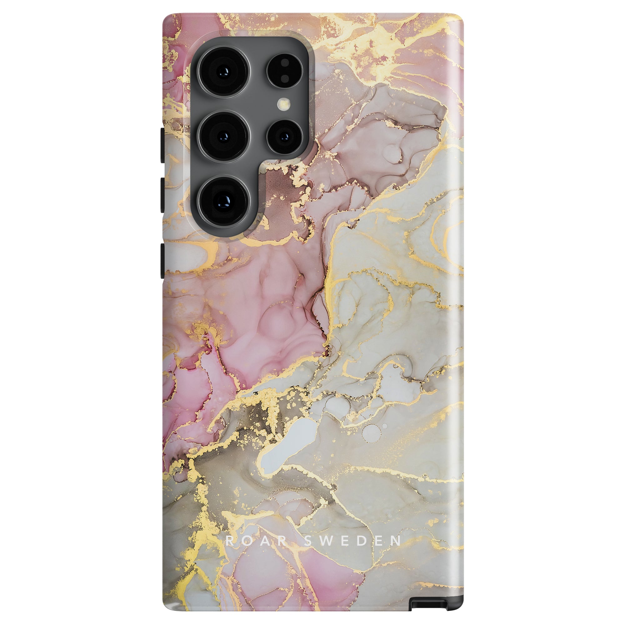 The "Glitter - Tough case" showcases a marble pattern in pink, gray, and gold accents, providing a touch of timeless elegance with the "ROAR SWEDEN" brand name printed at the bottom.