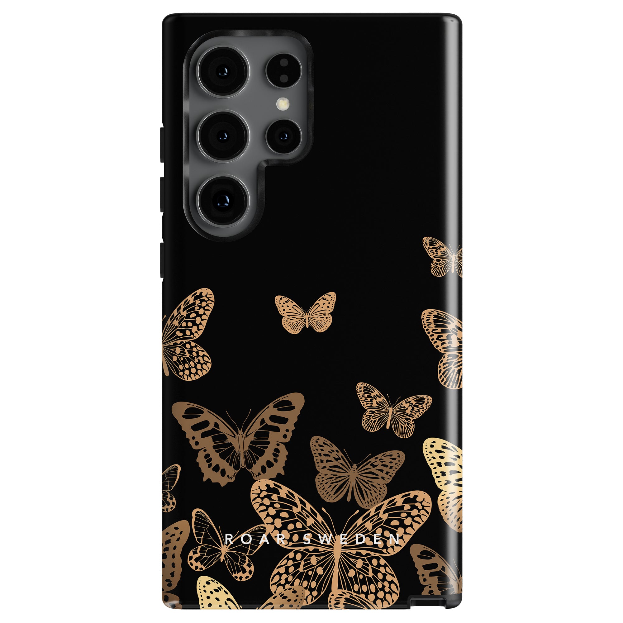 A black phone case with a pattern of golden butterflies, known as the Golden Butterflies - Tough Case. This exklusiv design is perfect for a phone with a multi-camera setup. The text "ROAR OF SWEDEN" is visible at the bottom, emphasizing hållbarhet and style.