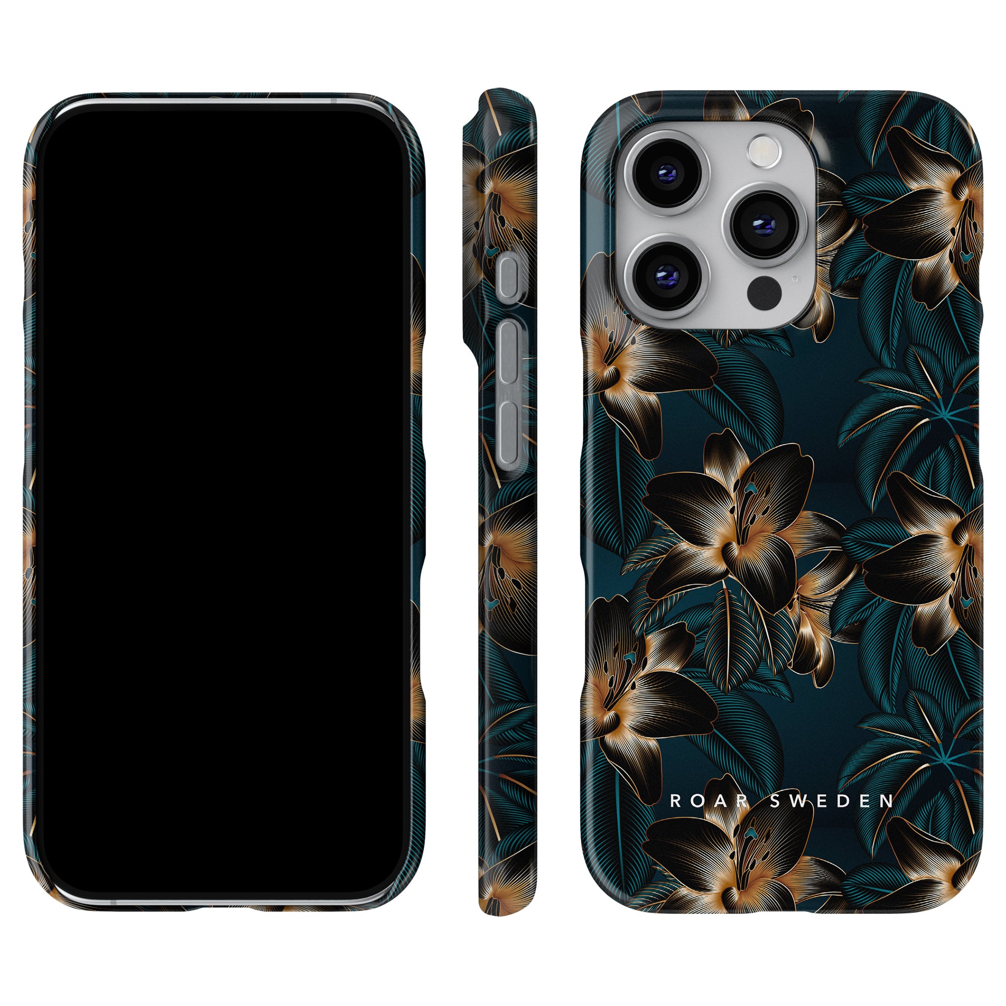 En smartphone som visas med Roar Sweden Golden Lilies - Slim Case, fångad framifrån, från sidan och bakifrån.