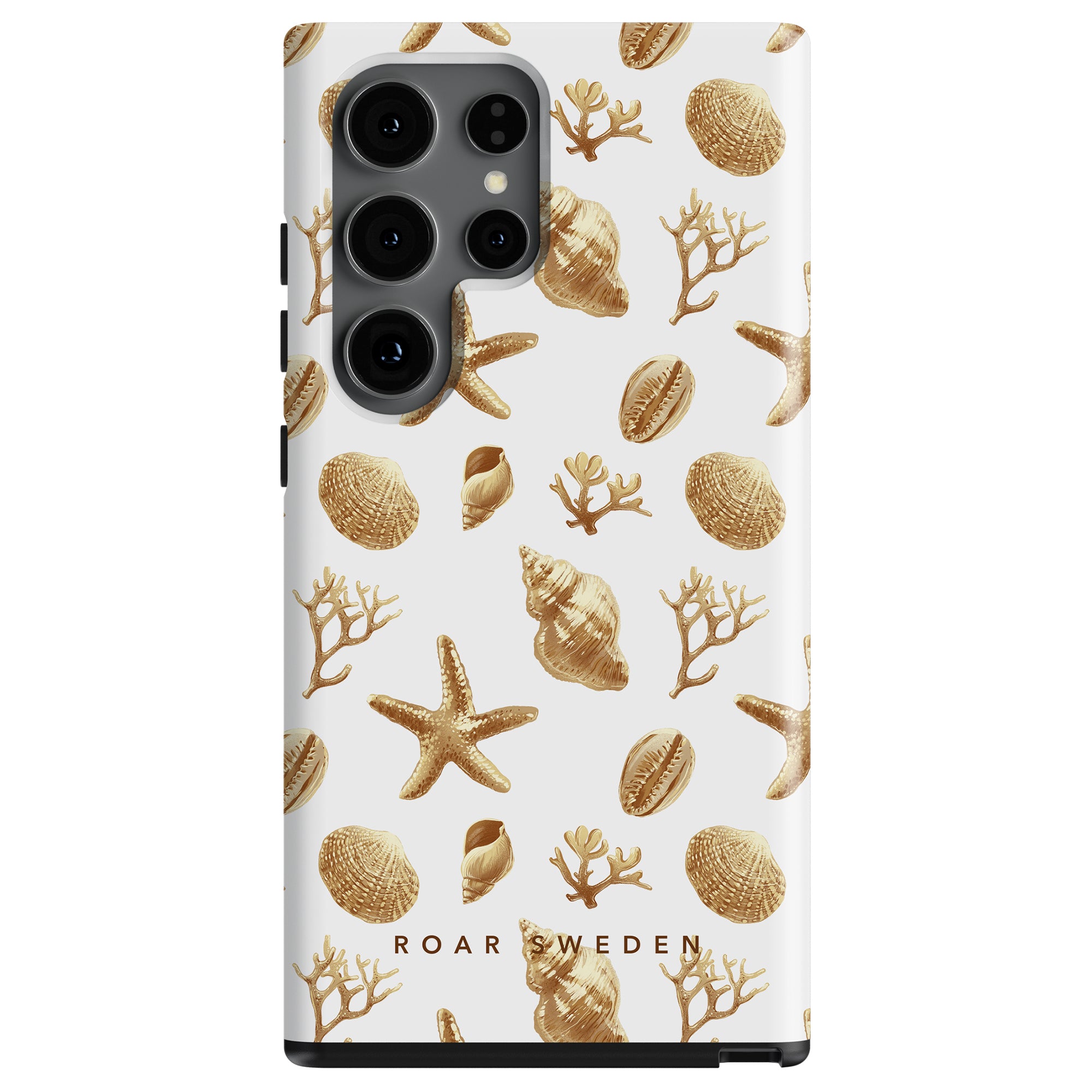 A smartphone with a marine-themed case design from the ocean collection featuring the Golden Shells - Tough Case and starfish.