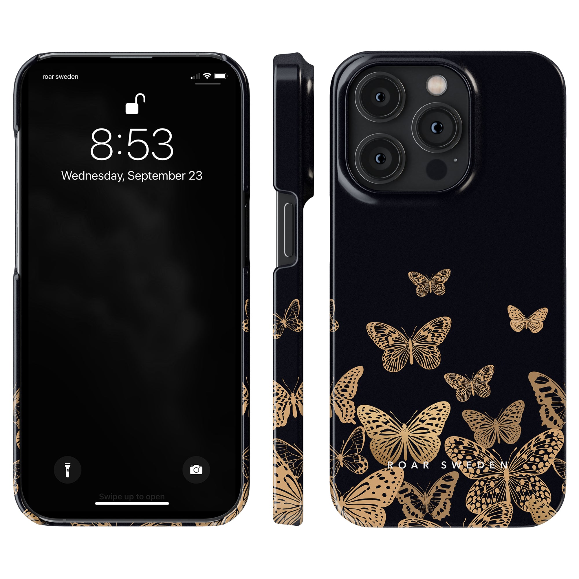 Ett smalt svart och guld Printeers iPhone-fodral prydd med gyllene fjärilar.