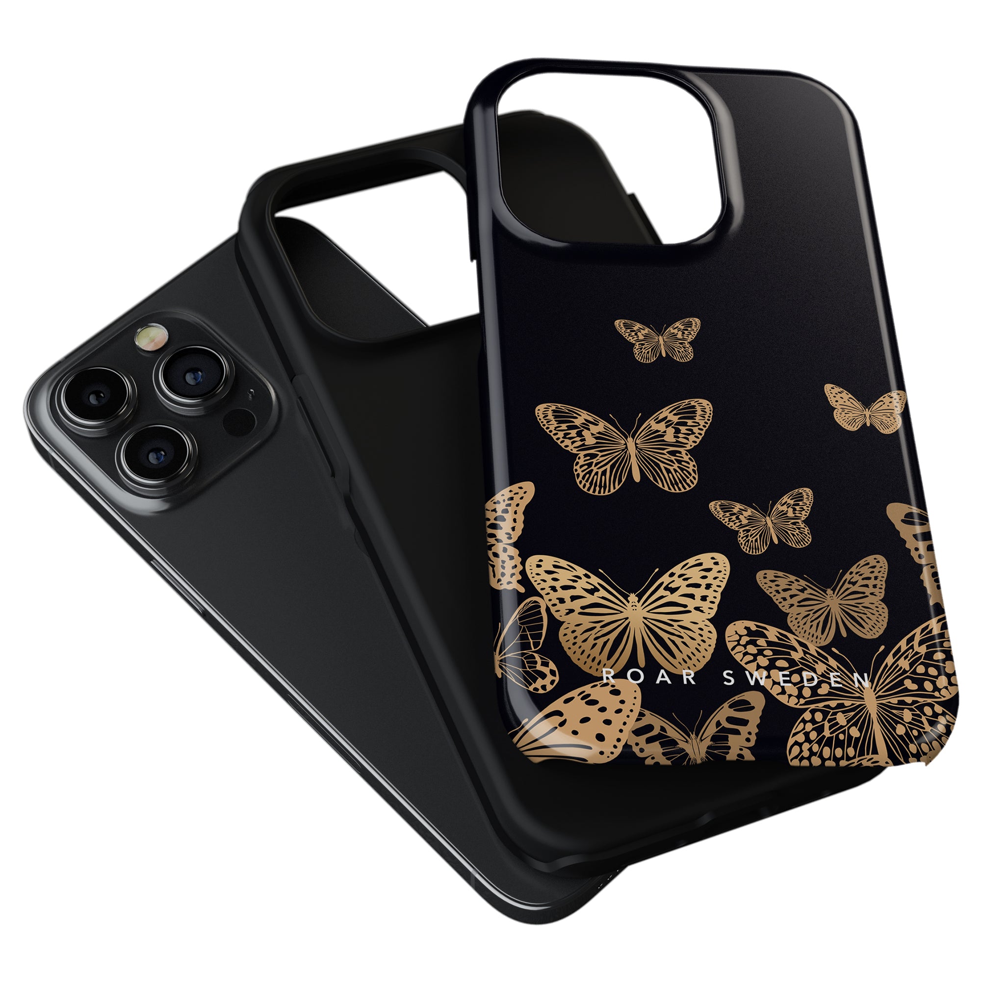 Ett svart Printeers-fodral med Golden Butterflies på, designat för att skydda din smartphone med stil och hållbarhet.