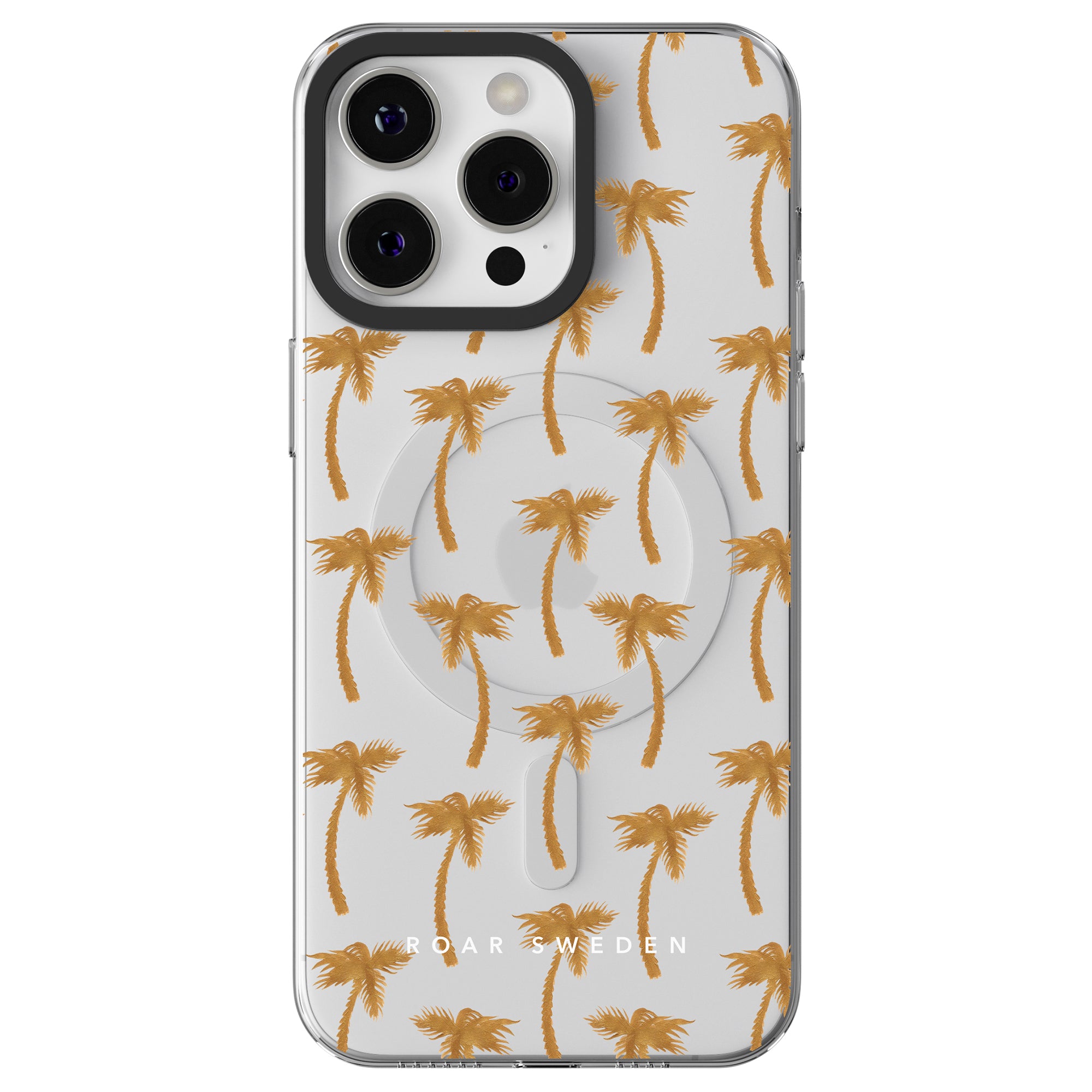 This iPhone features a Golden Palms - MagSafe with a chic pattern of gold palm trees on a white background. "ROAR SWEDEN" is elegantly printed at the bottom, making it part of the Jungle Collection.