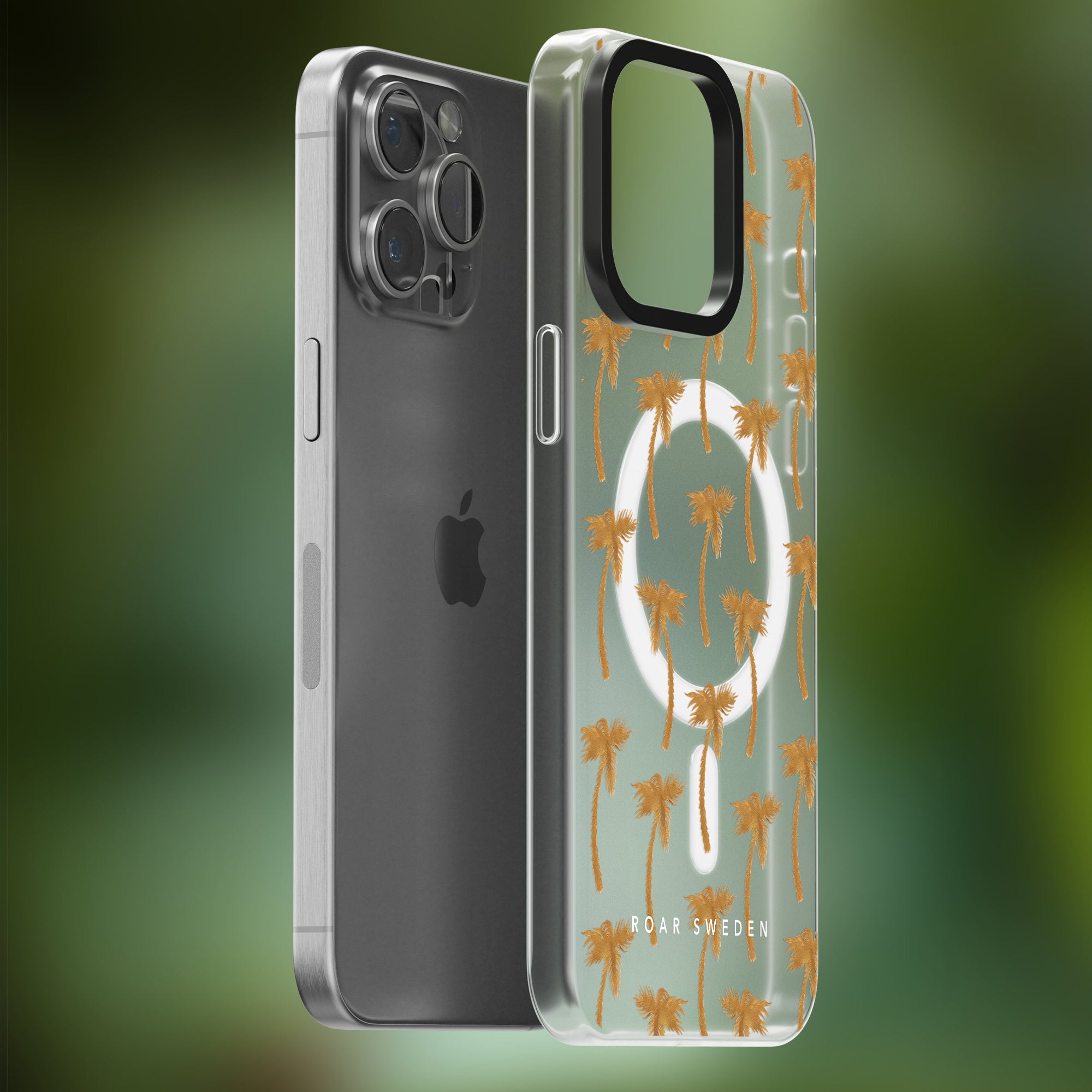 A smartphone with a transparent, decorated case from the Jungle Collection featuring orange palm trees and a white magnifying glass icon, displaying the words "Golden Palms - MagSafe" at the bottom.