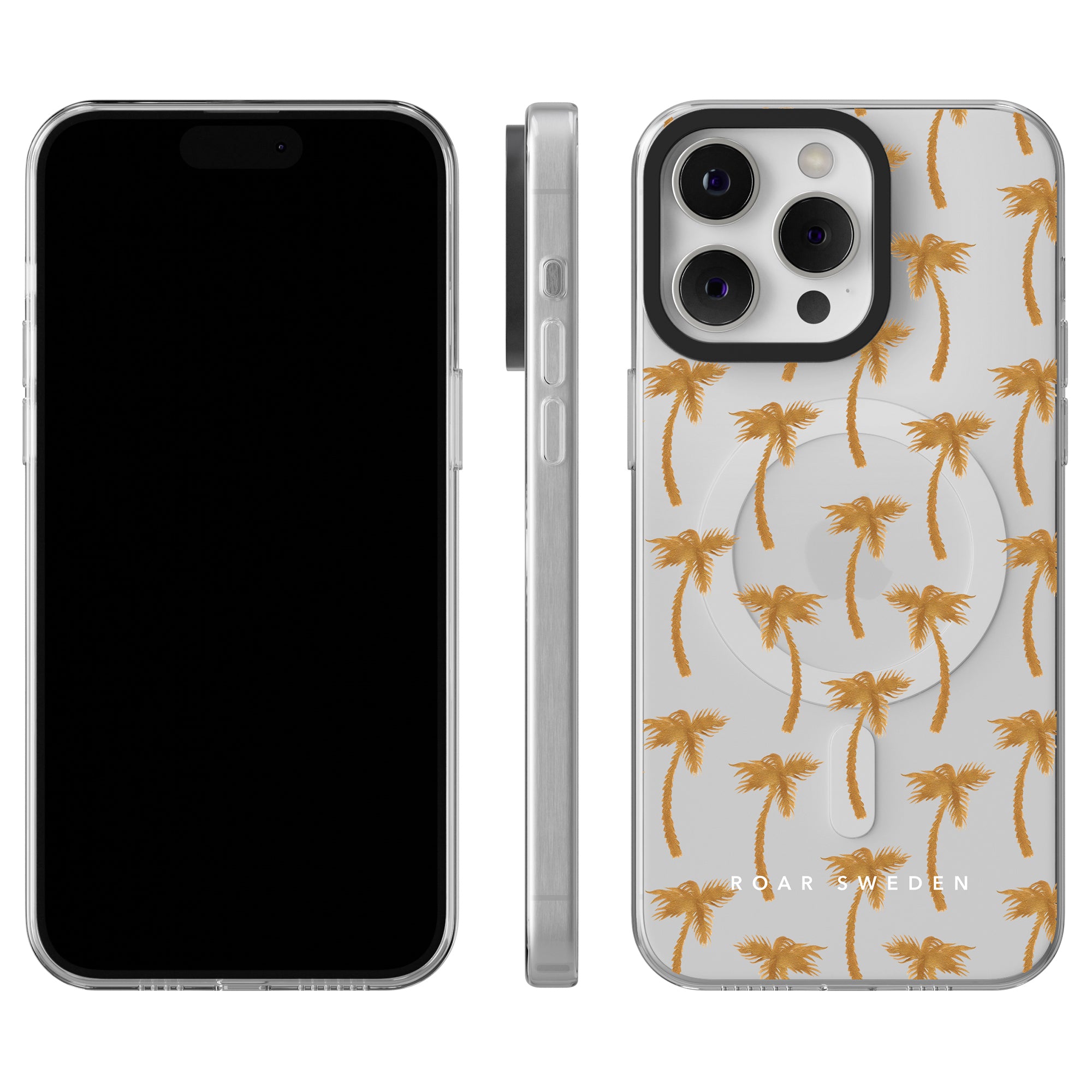 Image of a smartphone alongside a case, shown from the front, side, and back. Part of the Jungle Collection, the case features a white background with a pattern of Golden Palms - MagSafe and the text "ROAR SWEDEN" at the bottom.