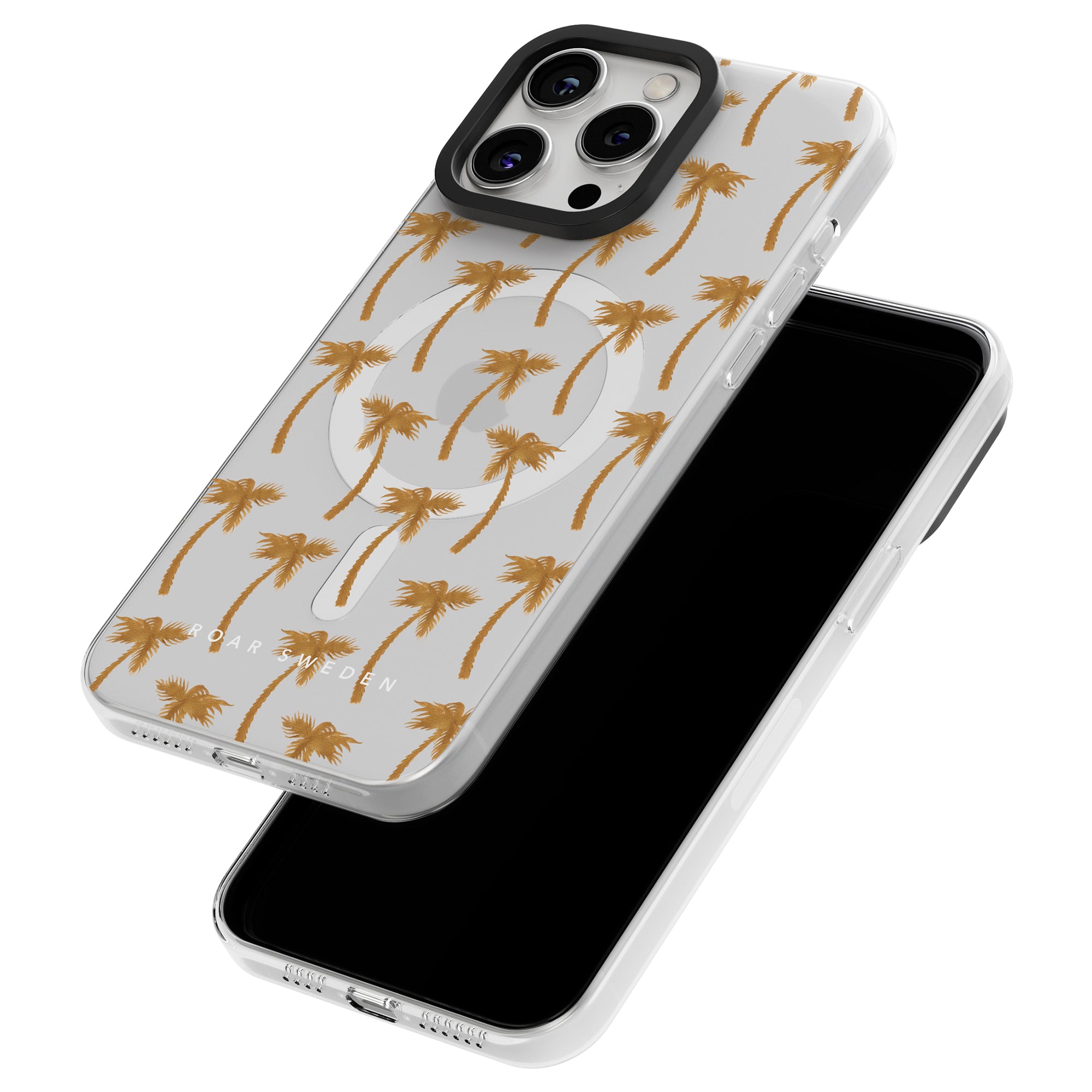 Two smartphones with the top one sporting a Golden Palms - MagSafe in the Golden Palms design from the Jungle Collection, a chic white case adorned with a gold palm tree pattern.