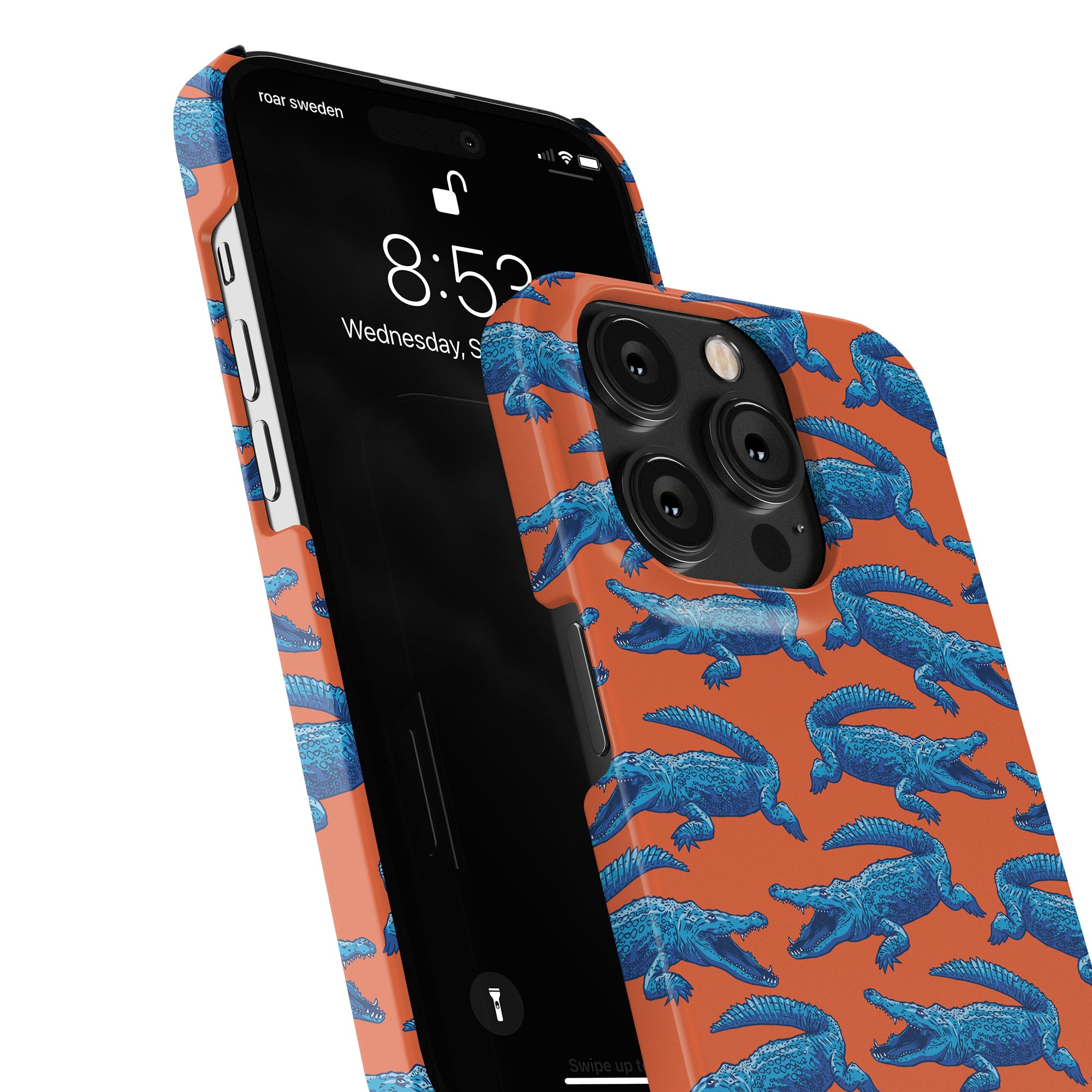 Smartphone with a blue lizard-patterned orange case from the Groovy Croc - Slim Case collection, showing a locked screen displaying the time 8:53.