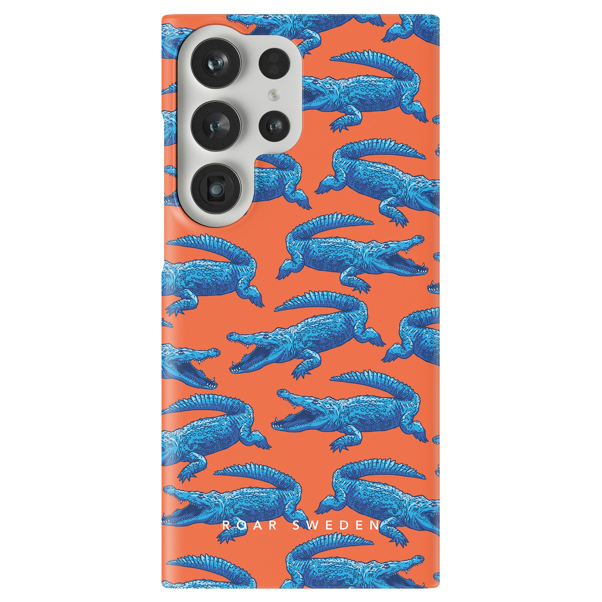 The Groovy Croc - Slim case showcases a vivid orange background with a lively pattern of blue crocodiles from the Exotic Animal Collection, proudly featuring the text "ROAR SWEDEN" at the bottom.