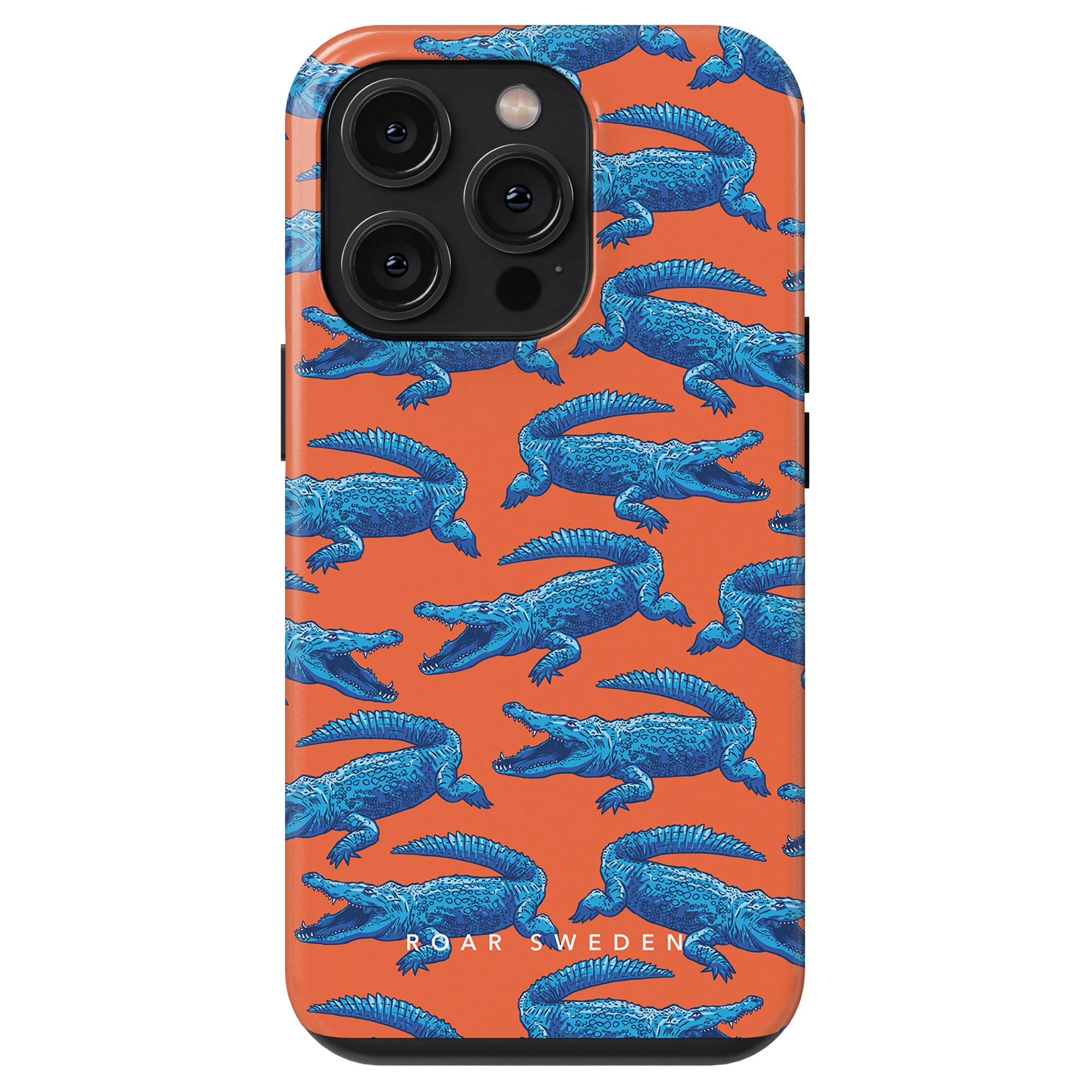 Introducing the Groovy Croc - Tough Case: a stylish mobilskal showcasing a pattern of blue alligators against an orange background, complete with "ROAR SWEDEN" elegantly labeled at the bottom. This fashionable and robust design ensures both trendiness and functionality.