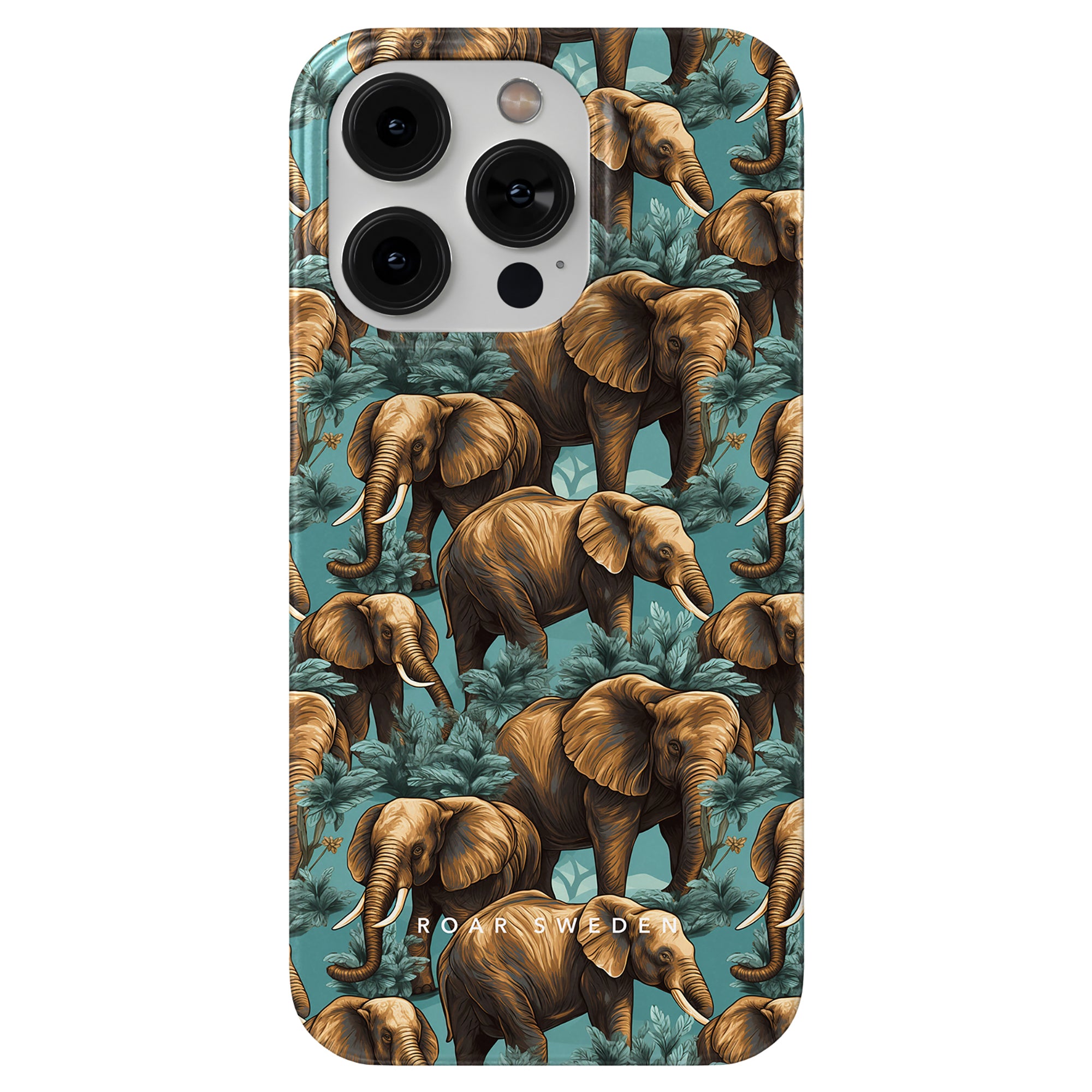 Hathi - Slim case decorated with a pattern of elephants amidst a tropical jungle background, part of the Safari Collection. The text "ROAR SWEDEN" is printed on the bottom.