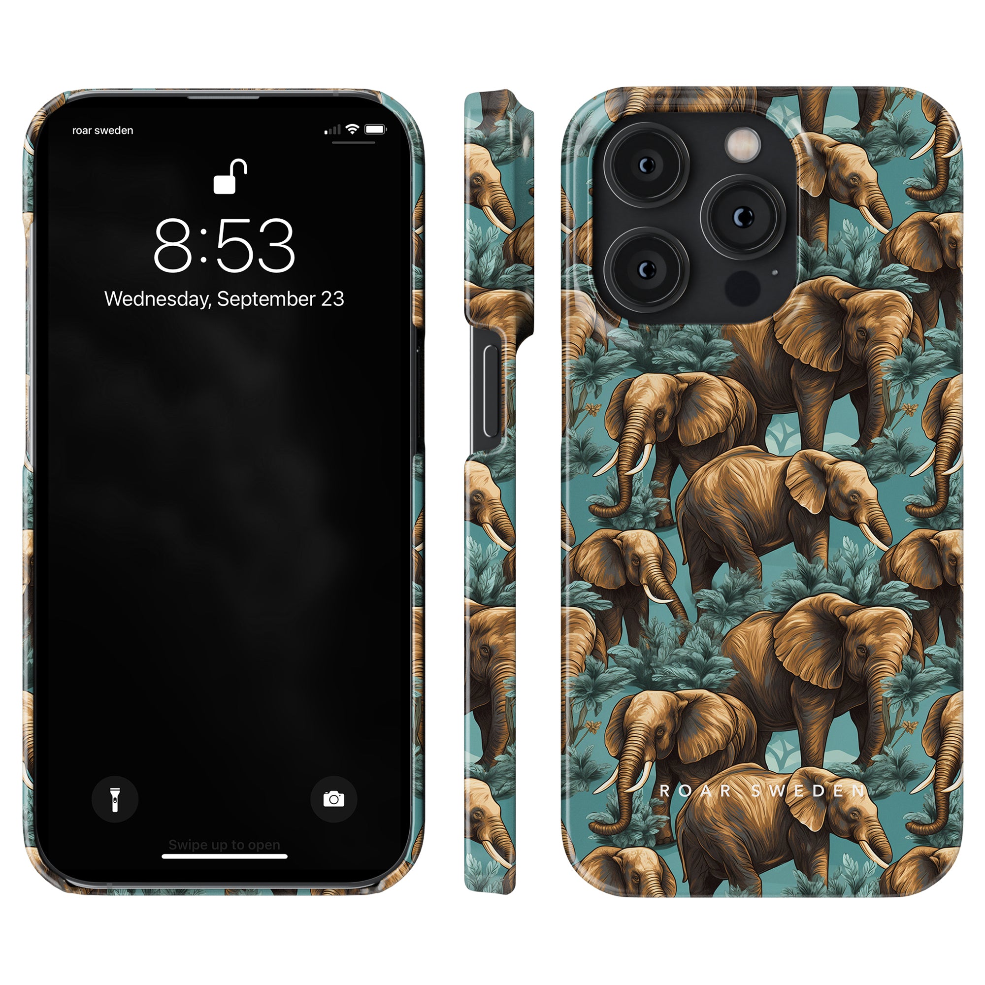 Discover the Hathi - Slim case from our Safari Collection, showcasing a vibrant green background dotted with multiple elephants. The smartphone is displayed from the front and back, with the screen showing 8:53 and Wednesday, September 23. Elevate your style with elefantdesign elegance.