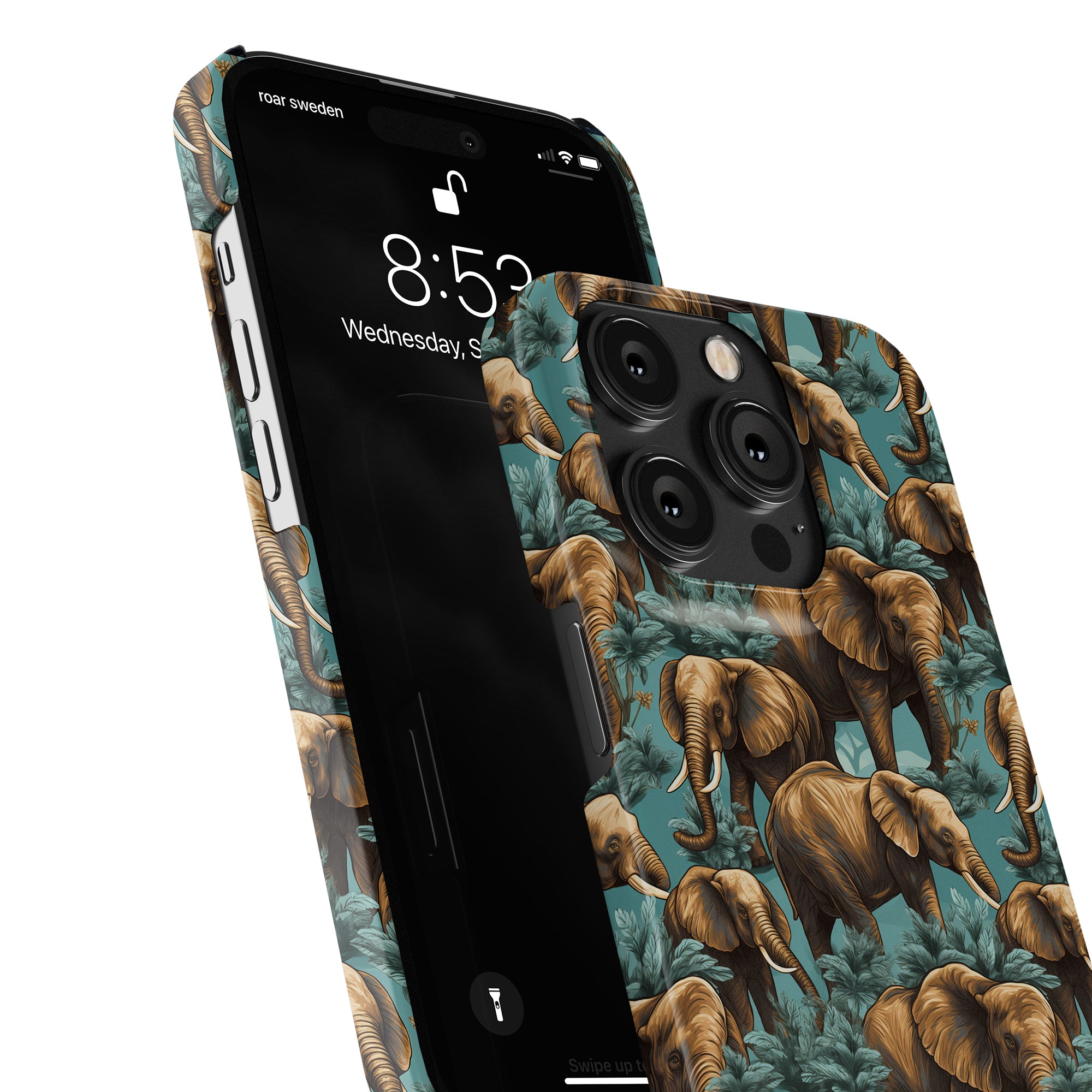 A smartphone with a home screen displaying the time and date is placed in a Hathi - Slim case from the Safari Collection, decorated with a pattern of elephants.