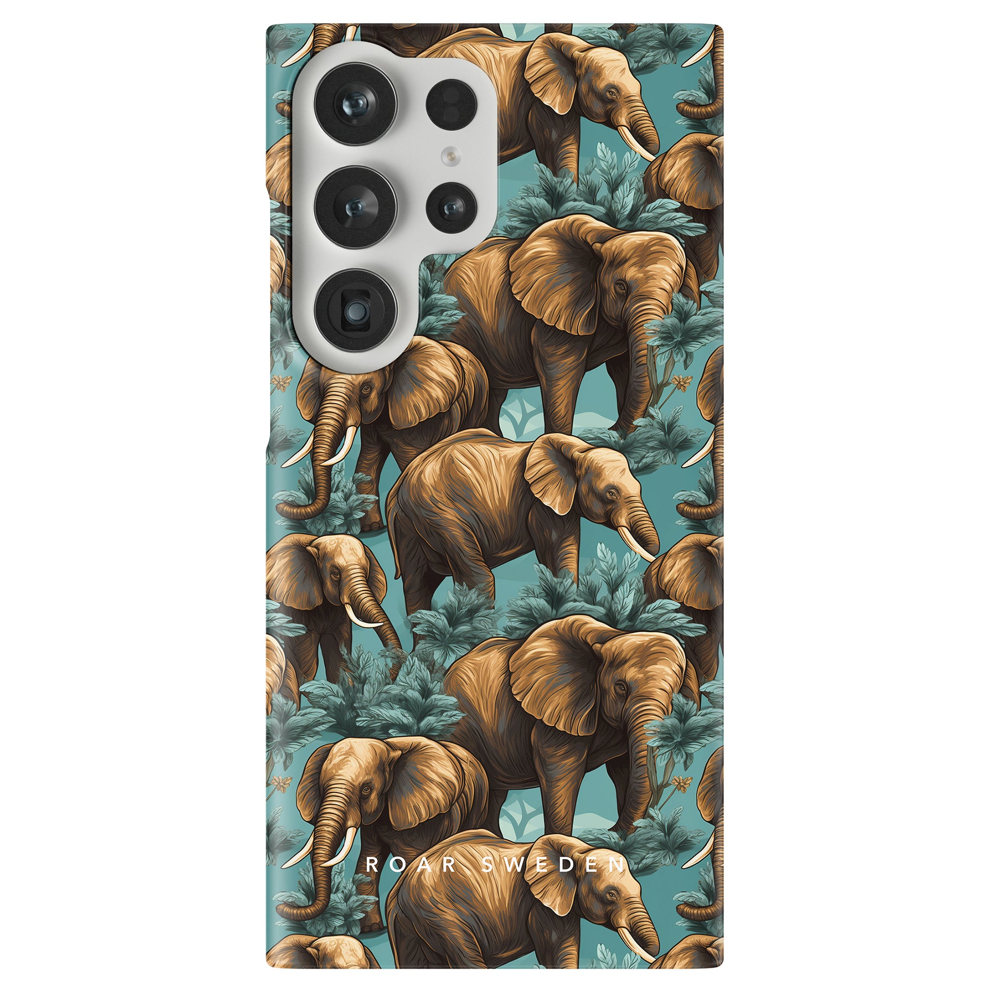 Hathi - Slim case featuring a pattern of brown elephants set against a teal background with green foliage. Part of the Safari Collection, the brand name "ROAR SWEDEN" is visible at the bottom.
