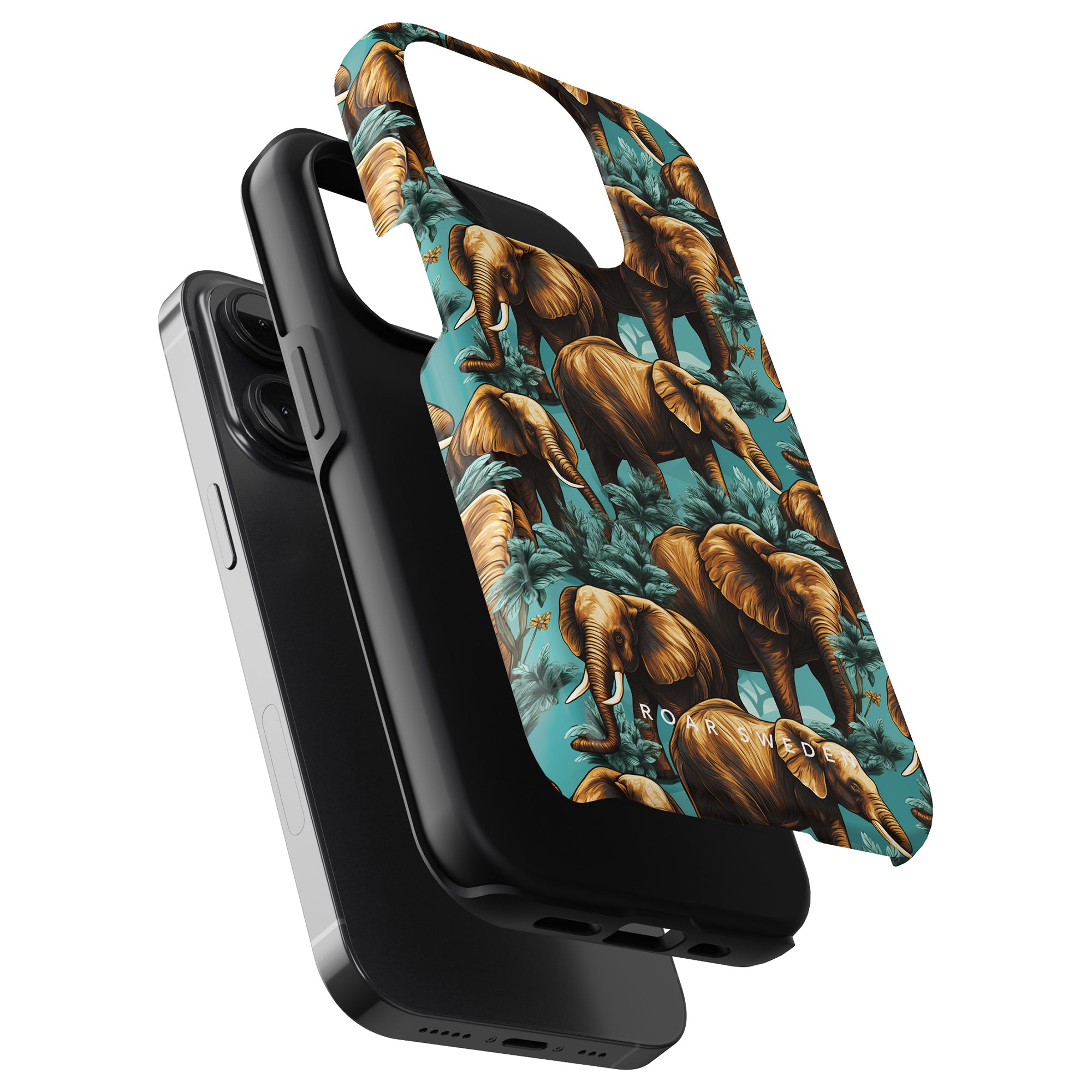 Three smartphone cases are shown, one with a black design, one dark gray, and one from the Hathi - Tough Case featuring a colorful print of elephants and tropical foliage. The cases are stacked and displayed at an angle.
