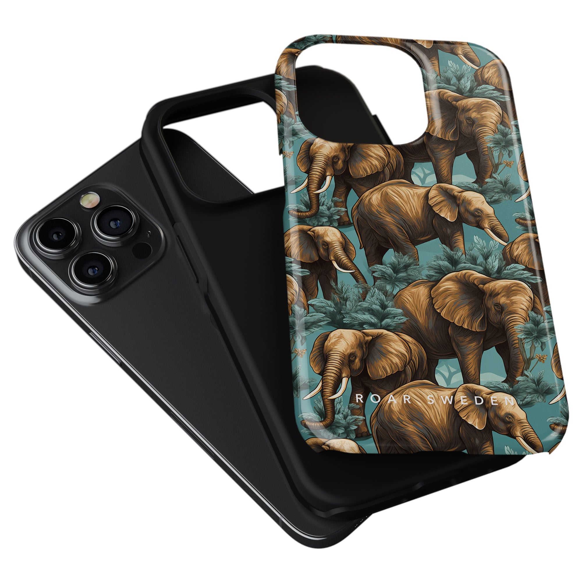 Two phone cases from the Safari Collection, one plain black and one with an elephant design, placed next to a smartphone with a triple camera setup. The Hathi - Tough Case showcases the intricate elefanter pattern beautifully.