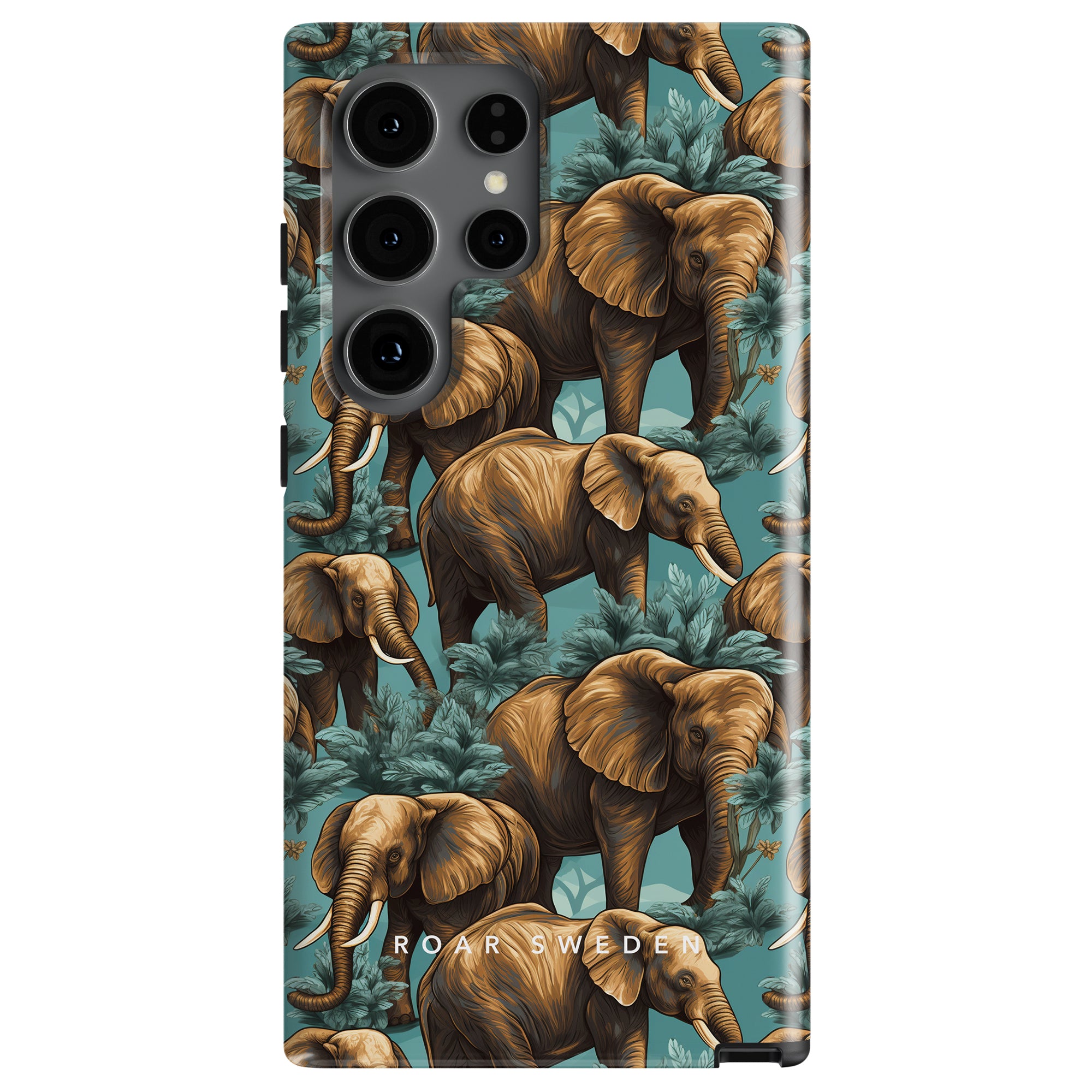 A Hathi - Tough Case from the Safari Collection featuring a detailed pattern of elefanter among tropical leaves on a teal background.