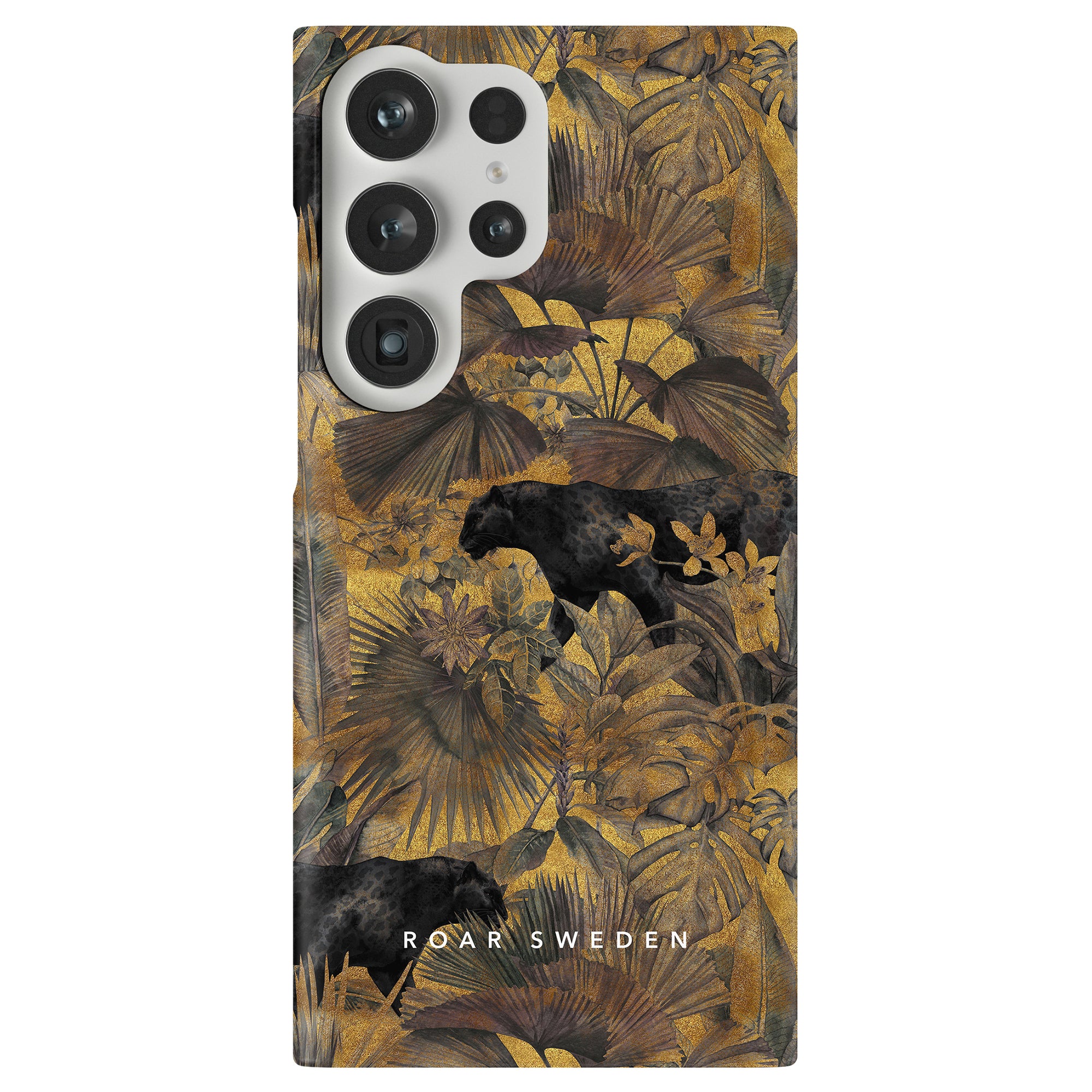Ett svart och guld blommigt telefonfodral för iPhone eller Samsung som heter "Hunter - Slim case".