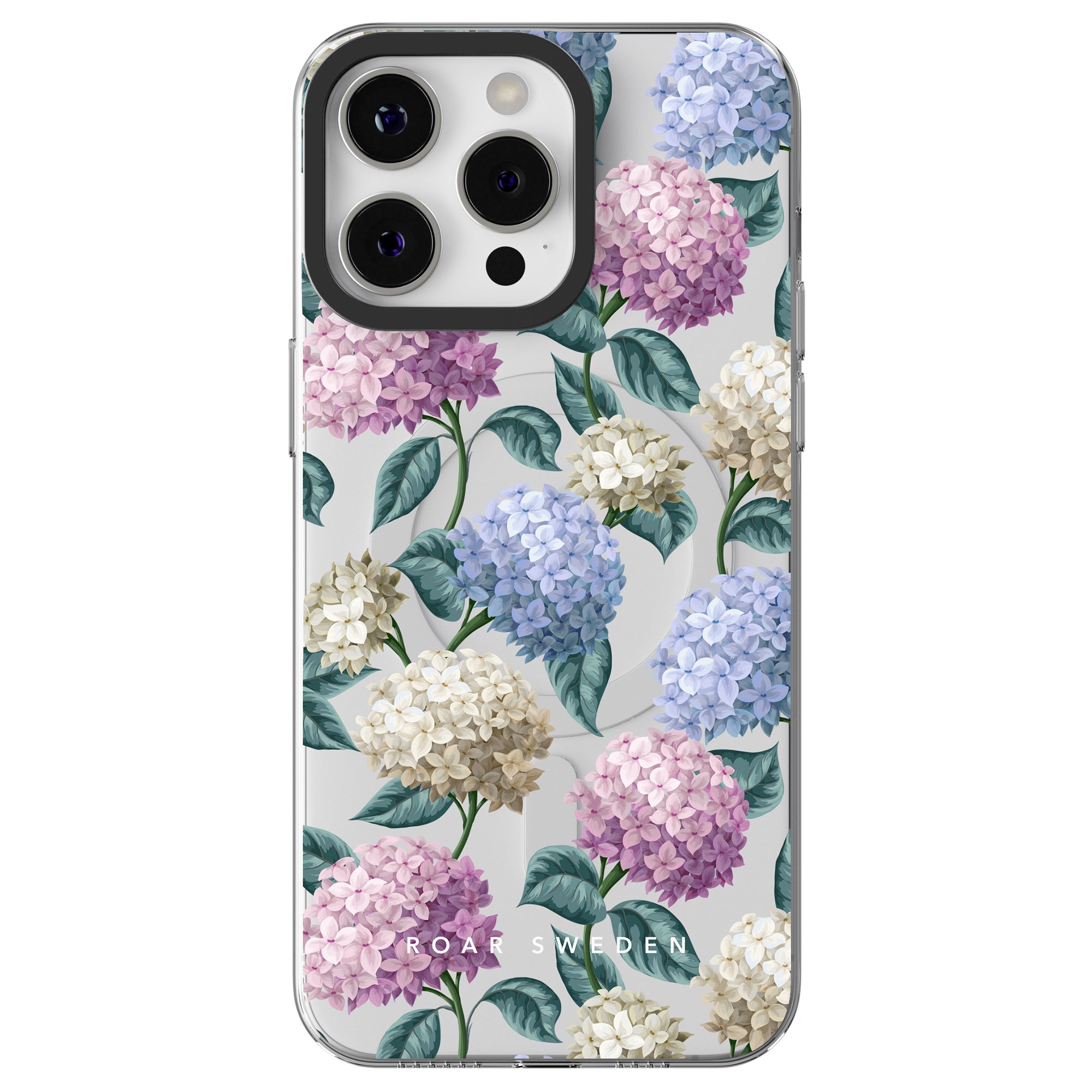Introducing the Hydrangea - MagSafe: a phone case with a floral design featuring hydrangeas in various colors, such as pink, blue, and white. Part of our Floral Collection, it includes "ROAR SWEDEN" at the bottom and is compatible with MagSafe accessories.