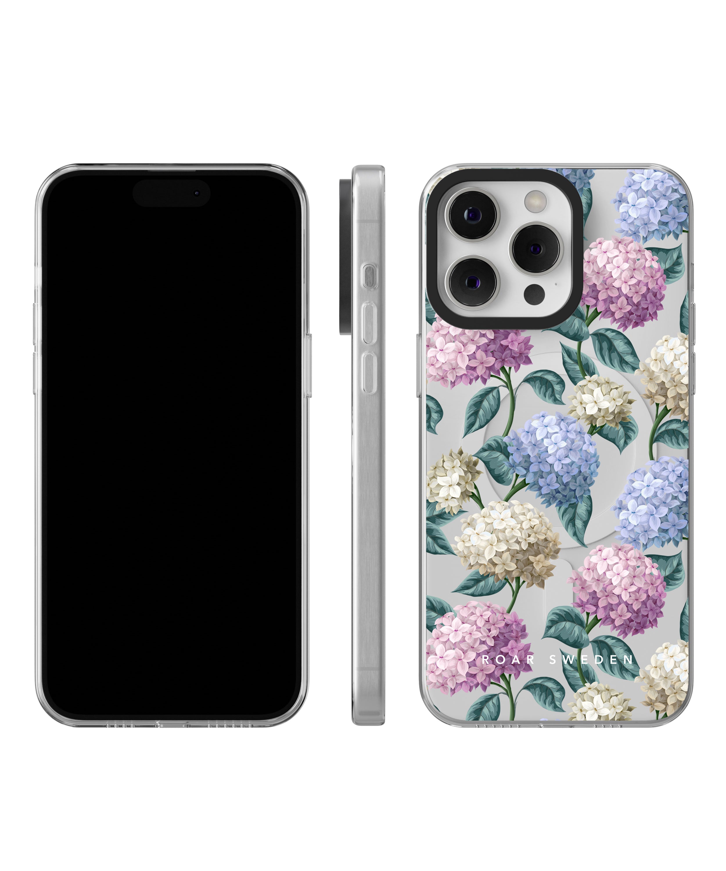 A smartphone shown from front, side, and back views. The back features a stunning Hydrangea - MagSafe adorned with colorful hydrangeas and green leaves, part of the exclusive Floral Collection.
