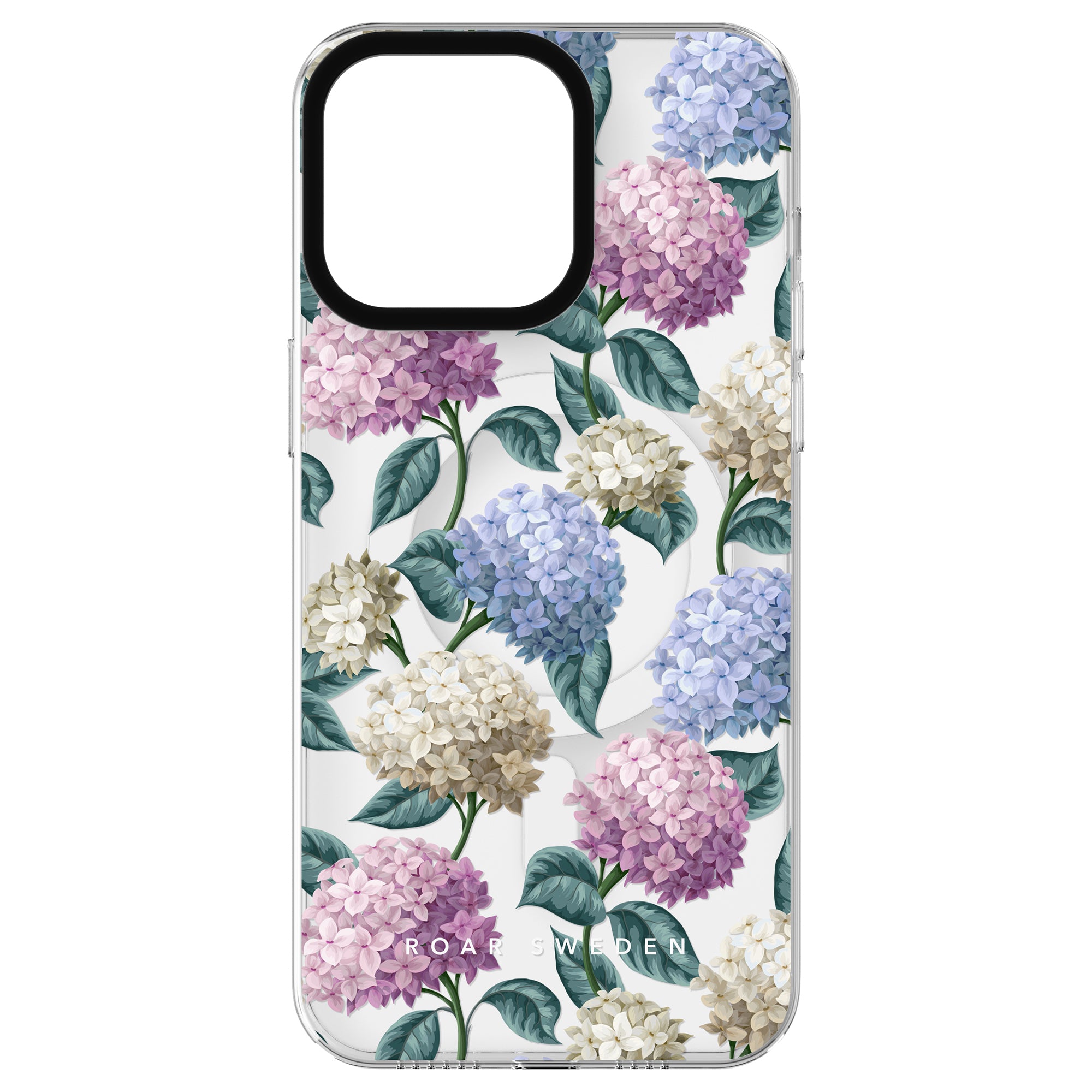 This Hydrangea - MagSafe showcases a clear design adorned with blue, pink, purple, and white hydrangea flowers and green leaves. Part of our Floral Collection, it offers a visible camera cutout at the top for convenience while enhancing your phone's style with MagSafe accessories compatibility.