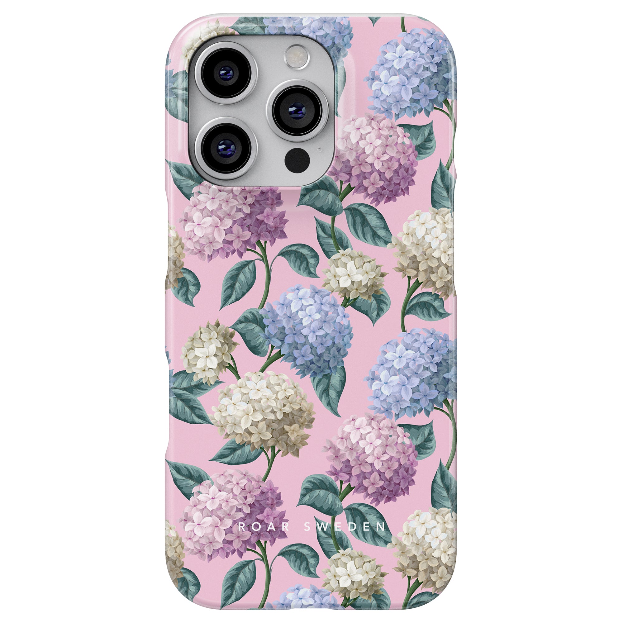 Vi presenterar vårt Hydrangea - Slim fodral från sommarkollektionen: ett vackert blommigt telefonfodral med rosa, lila och vit hortensiablomma på en lugnande rosa bakgrund. Texten längst ner visar elegant upp "Roar Sweden."