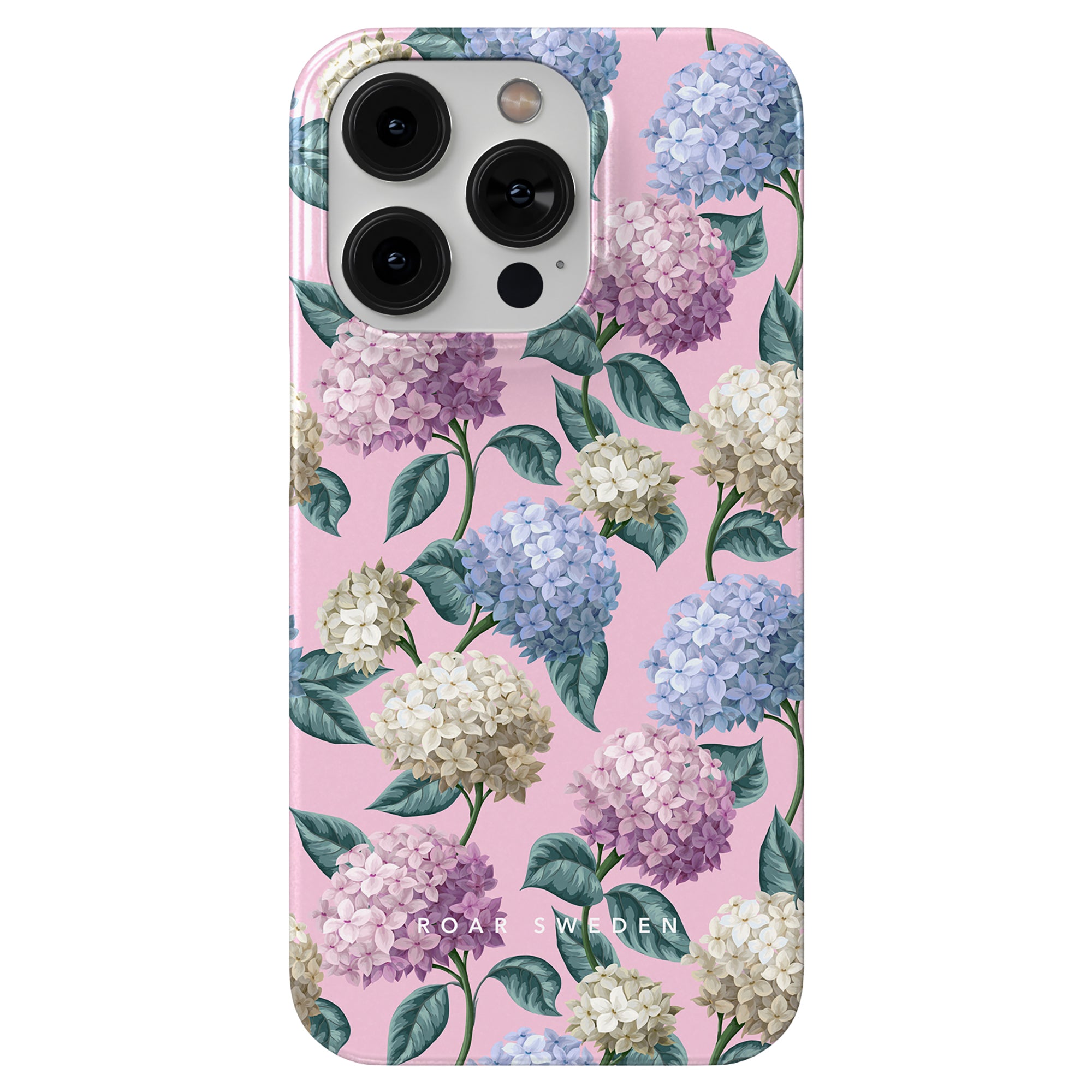 A smartphone case from the sommarkollektion, featuring a floral design with various colored hortensiablomma clusters on a pink background. The text "ROAR SWEDEN" is displayed in white near the bottom. Introducing the Hydrangea - Slim case for your summer style!