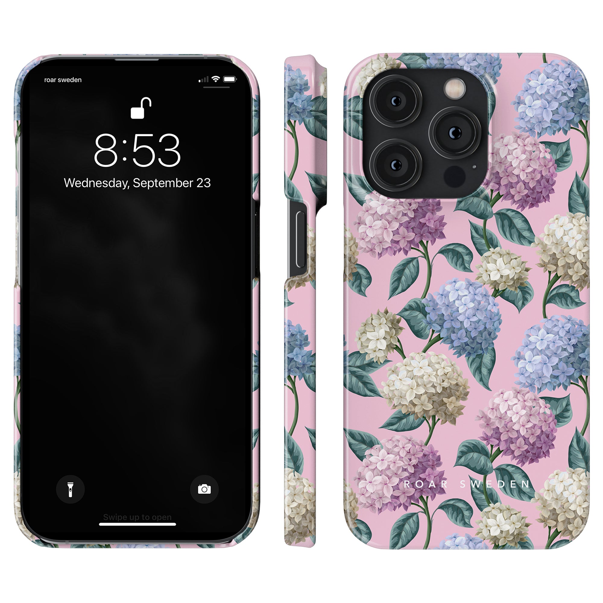 A smartphone with a black screen displaying 8:53 on Wednesday, September 23, beside the Hydrangea - Slim case—a beautiful part of the sommarkollektion featuring a pink background adorned with blue, purple, and white hortensiablomma.