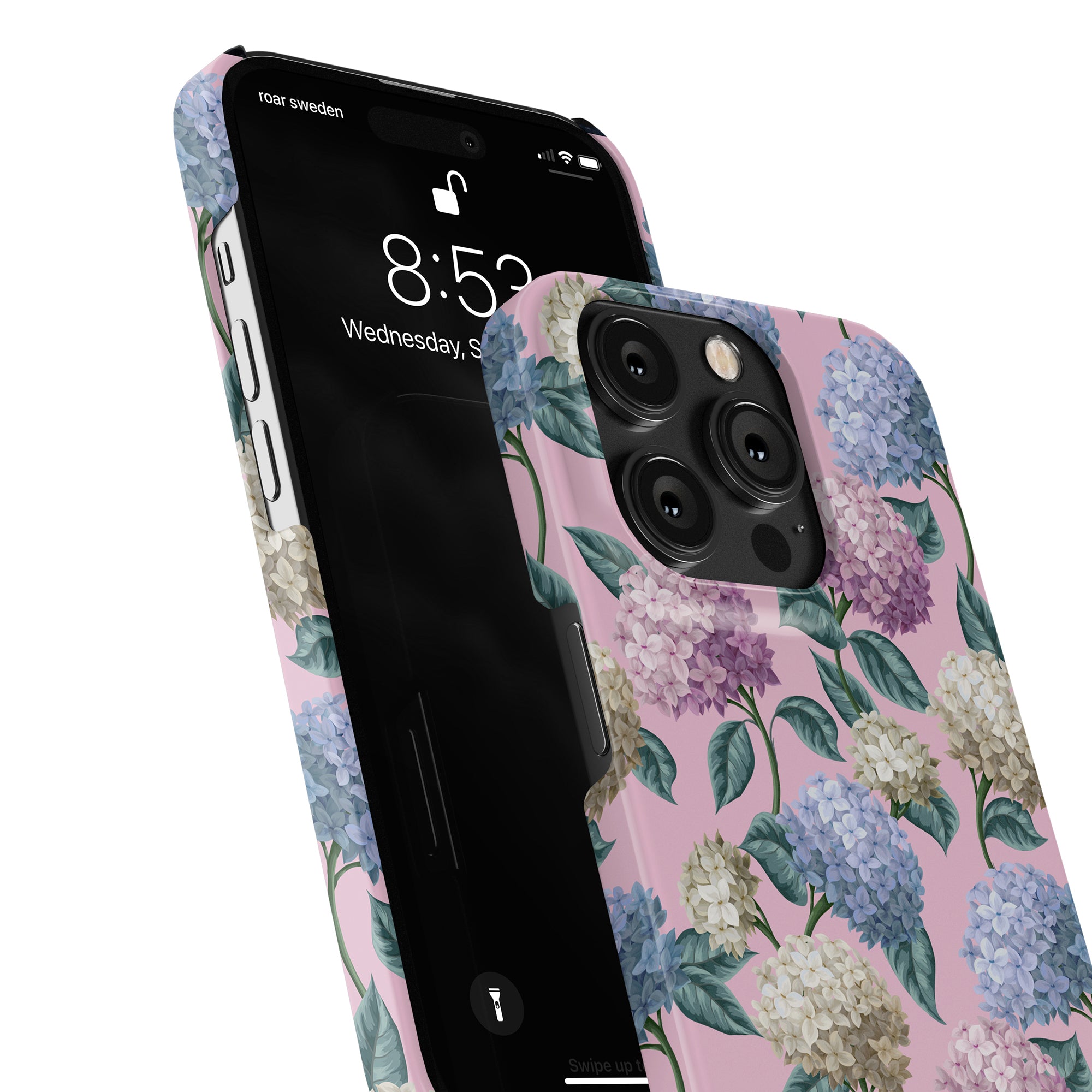 A smartphone with a Hydrangea - Slim case displaying the lock screen with the date and time as Wednesday, September 14, 8:53. This sommarkollektion piece adds a touch of elegance while offering a skyddande mobilskal.