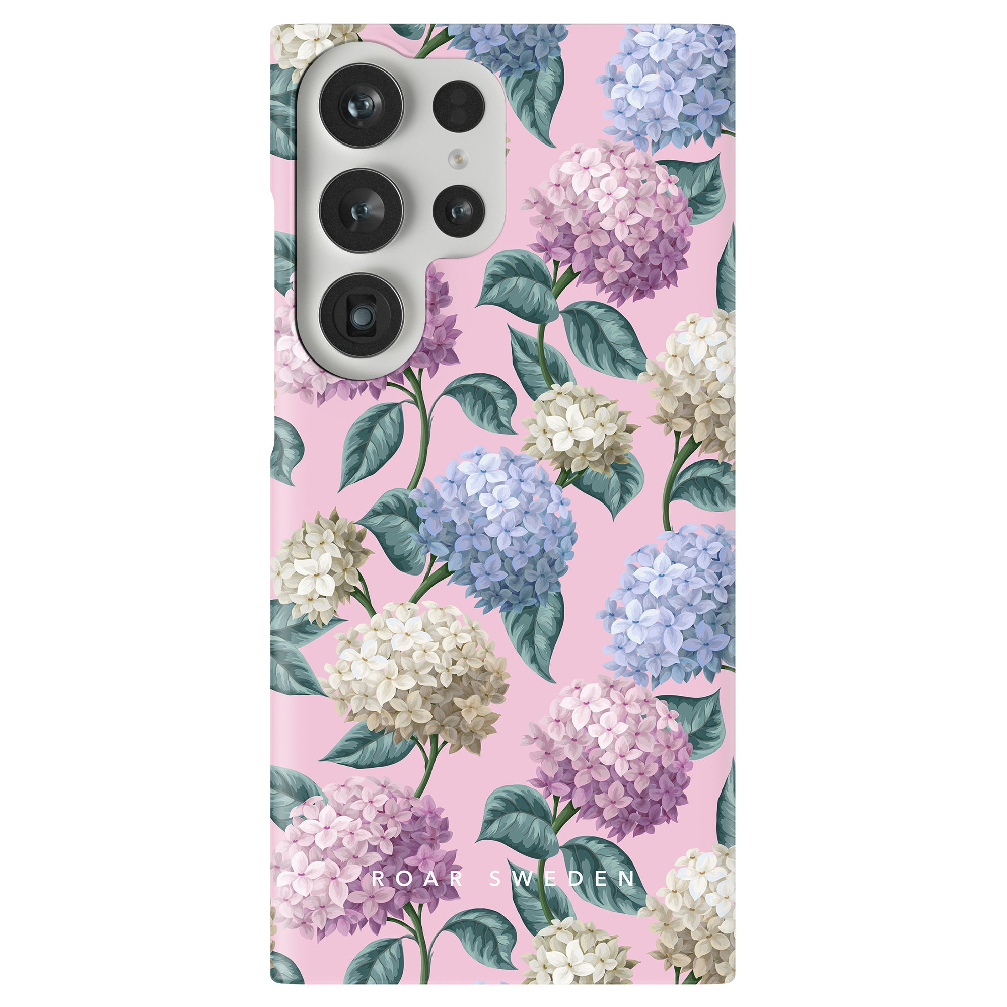 A smartphone with a Hydrangea - Slim case featuring hydrangeas in pastel colors on a pink background. The case brand "ROAR SWEDEN" is visible at the bottom, part of their exclusive sommarkollektion.