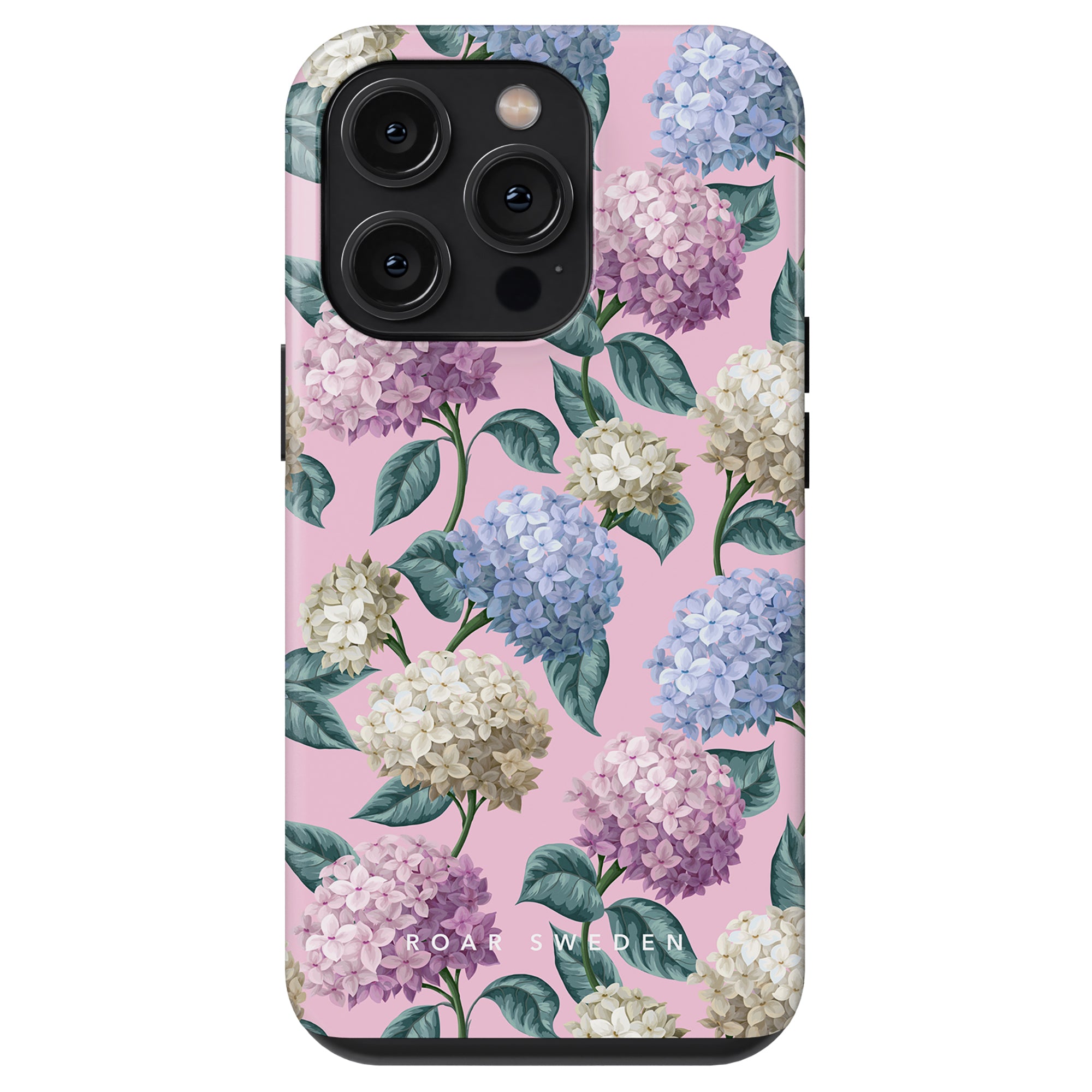 A Hydrangea - Tough Case featuring a pink background with a floral pattern of multicolored hydrangeas and green leaves. The text "ROAR SWEDEN" is visible at the bottom, from the Summer Collection, offering both style and smartphone protection.