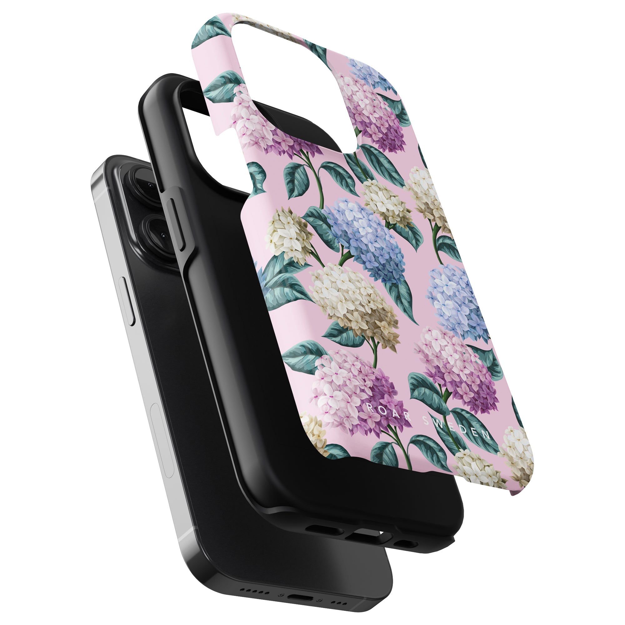Three stacked iPhone cases, with the topmost Hydrangea - Tough Case featuring a floral hydrangea design on a pink background, part of our Summer Collection for ultimate smartphone protection.