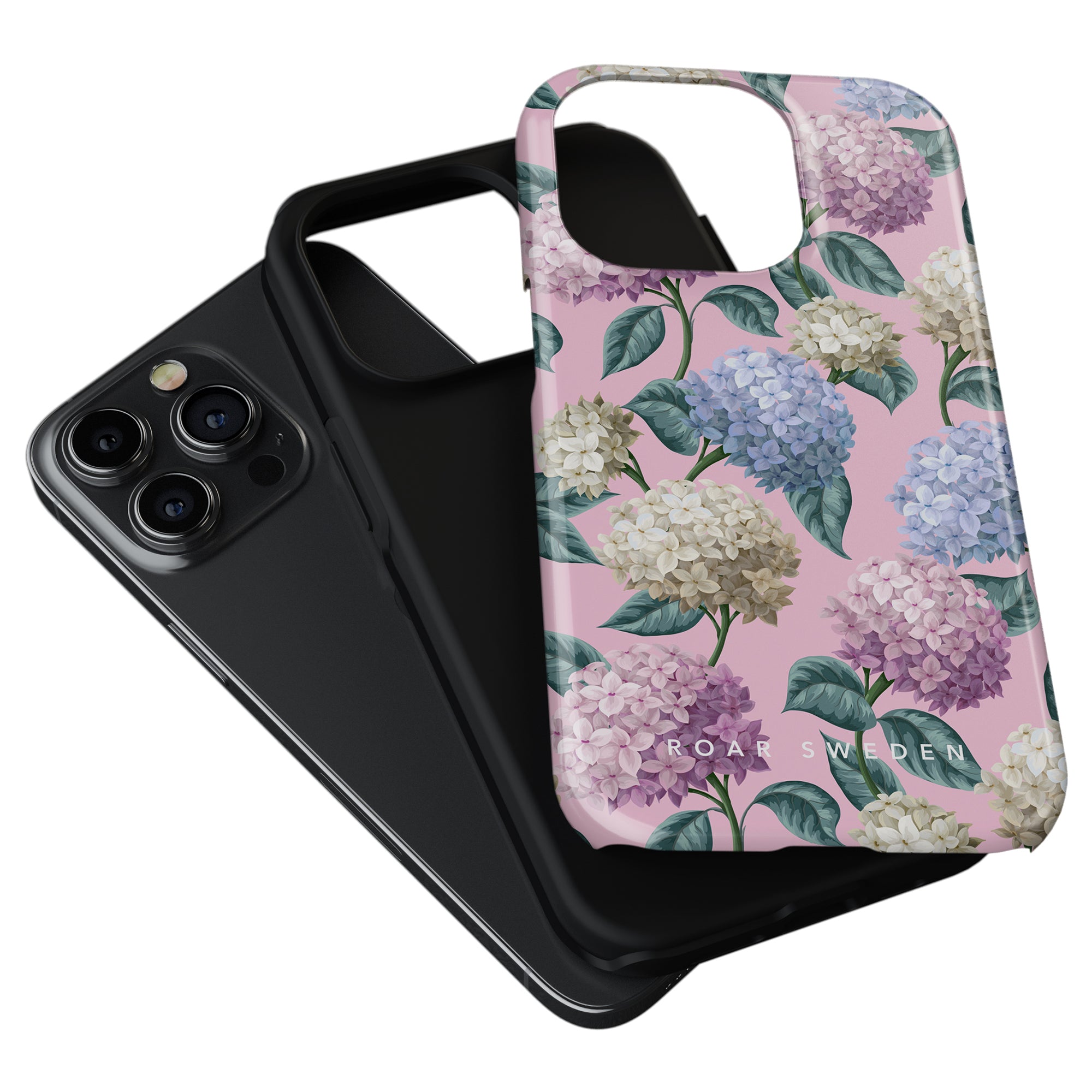 Two phone cases are shown; one offers sleek black smartphone protection, and the other is part of the Summer Collection, featuring a pink background with Hydrangea - Tough Case designs. The latter has the text "ROAR SWEDEN" at the bottom. An iPhone partially sits inside one of the cases.