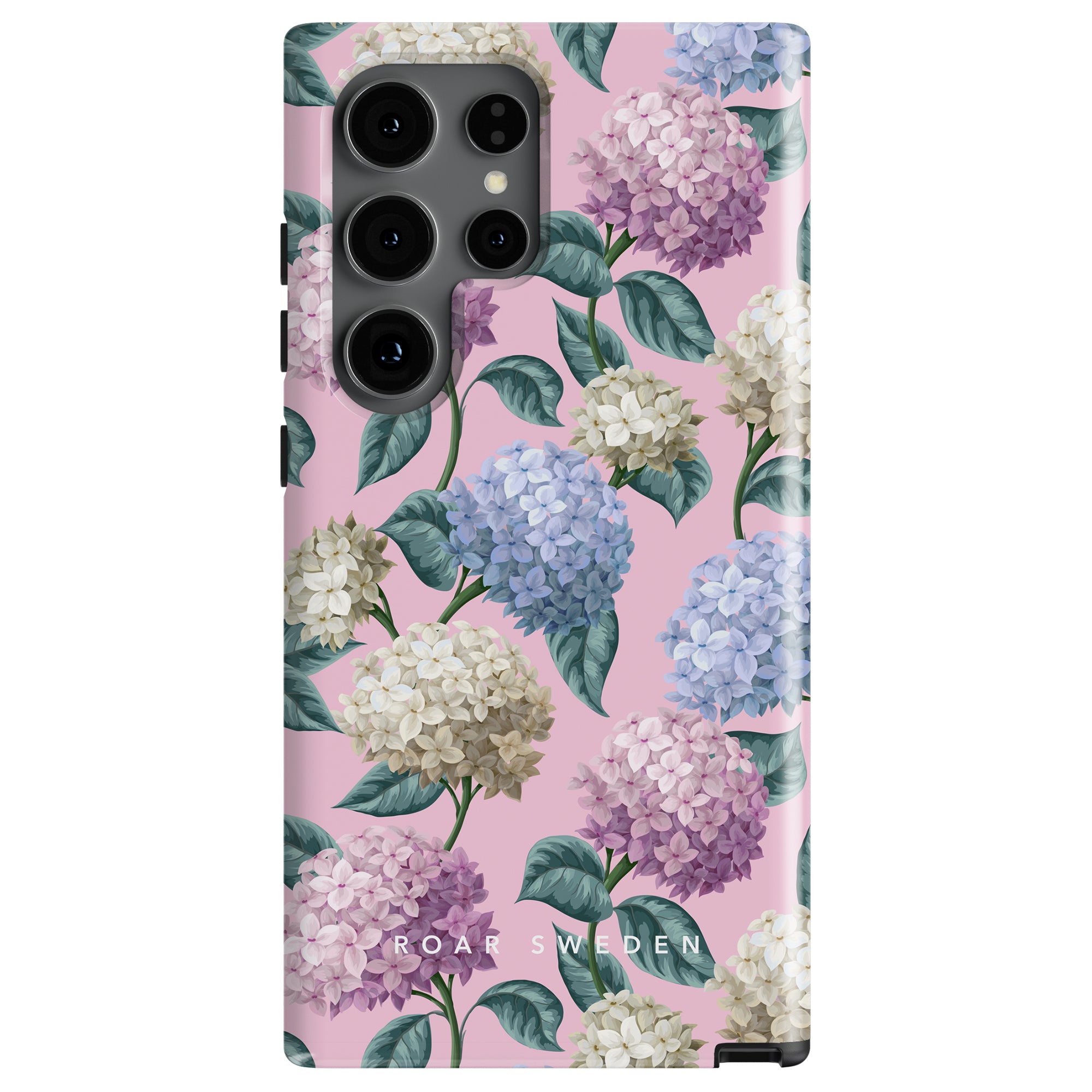 A smartphone protection case featuring a floral pattern with hydrangeas in blue, purple, and cream colors on a pink background. Part of the Hydrangea - Tough Case Summer Collection, the words "ROAR SWEDEN" are written at the bottom center.