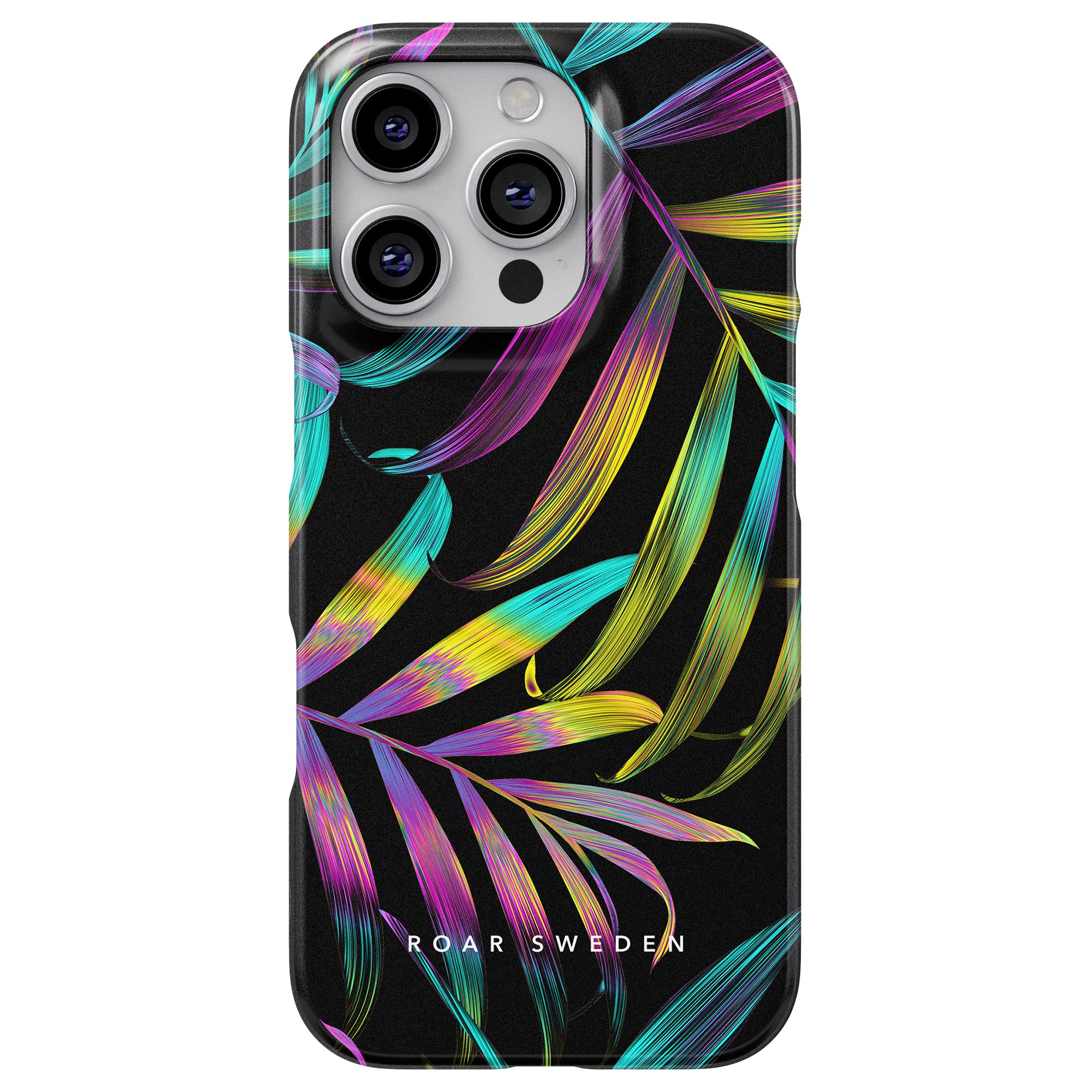 The Fluorescence - Slim case now boasts a vibrant tropical leaf design labeled "Roar Sweden," featuring neonfärger that make it stand out.