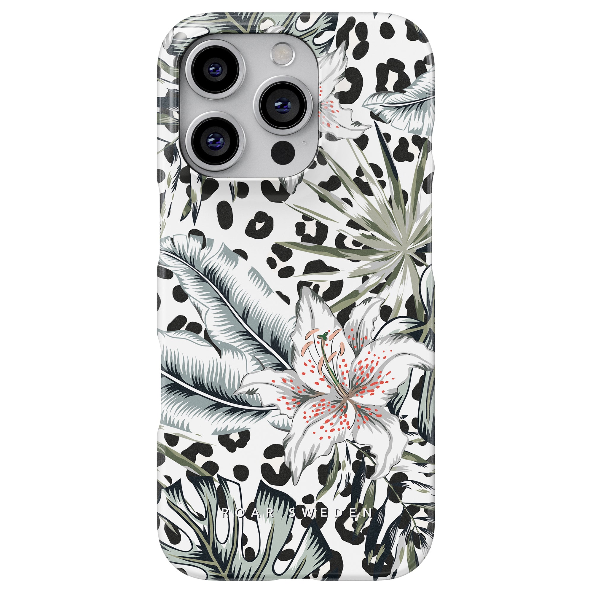 Discover the "Lily - Slim case," a phone case with an elegant black and white leopard pattern, complemented by tropical floral designs featuring large white lilies and lush green leaves.