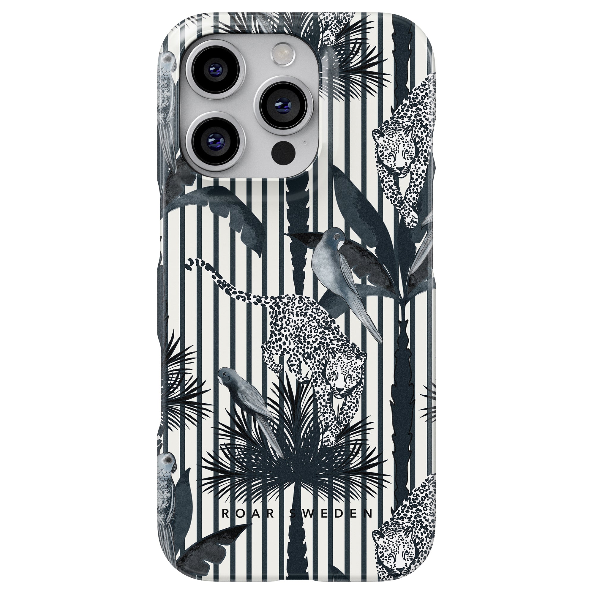 Introducing the Pardus - Slim case: a stunning phone case showcasing a black and white jungle motif. With leopards, birds, and foliage set against a striped background, this chic case supports trådlös laddning for your convenience. Embrace elegance with our distinctive leopardmönster design.