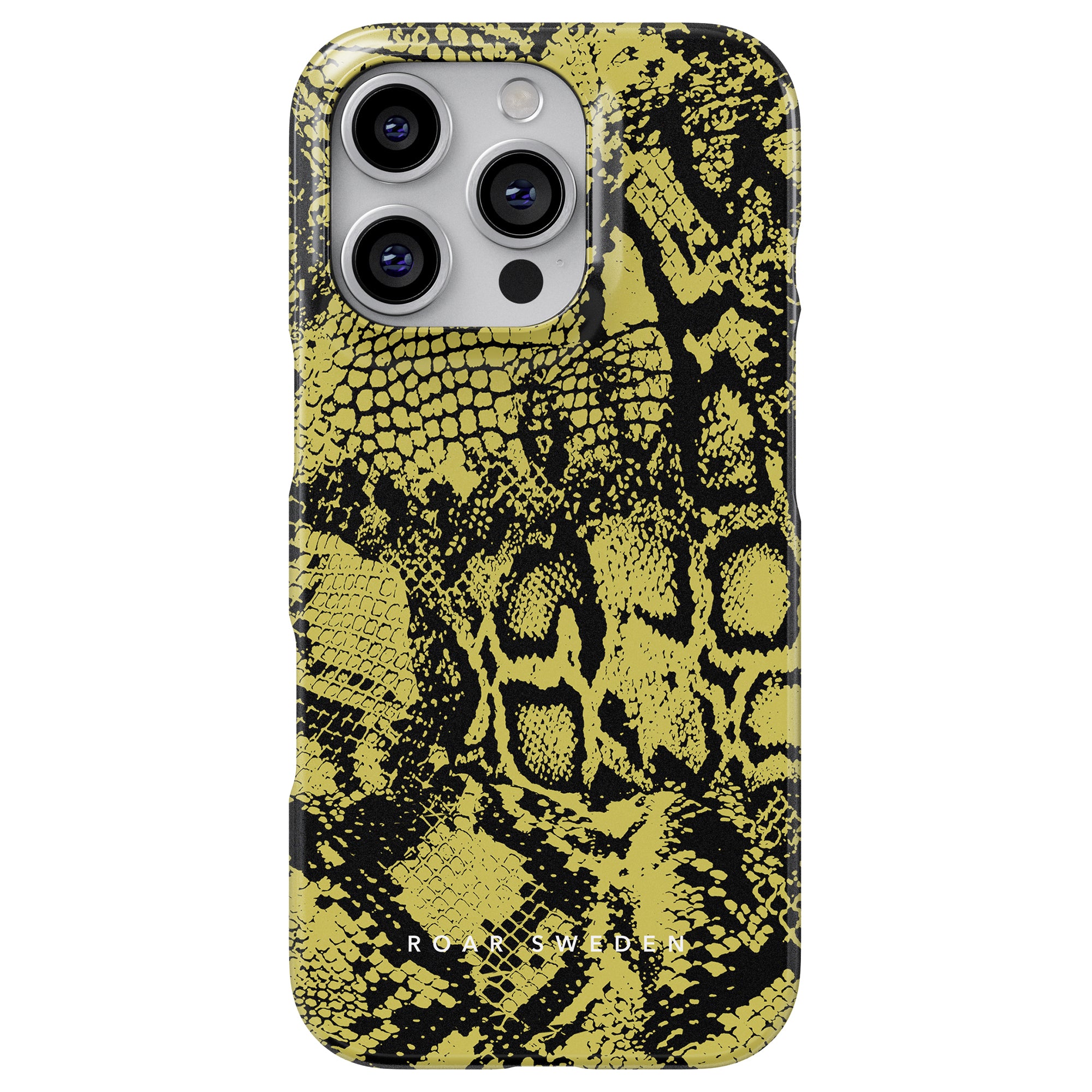 Introducing the Python - Slim Case by Roar Sweden, a striking phone case featuring a yellow and black snake pattern design.