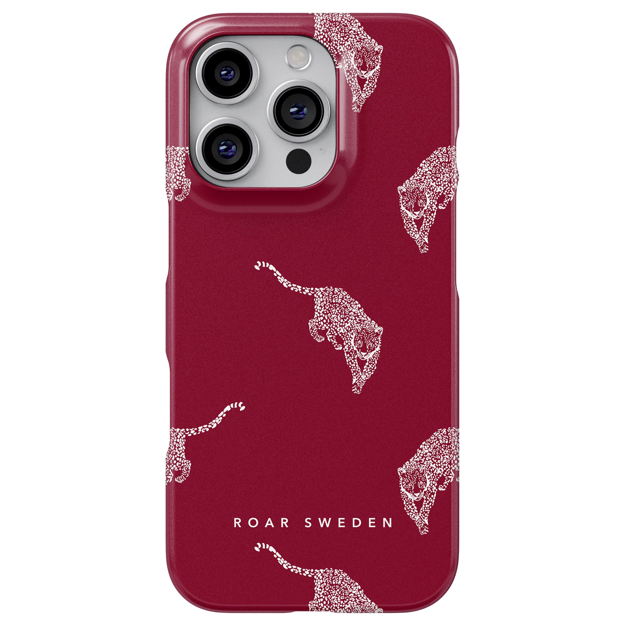 Kitty Burgundy slimfodral, med vita leopardmönster från eleganta Leopard-kollektionen, med orden "Roar Sweden.